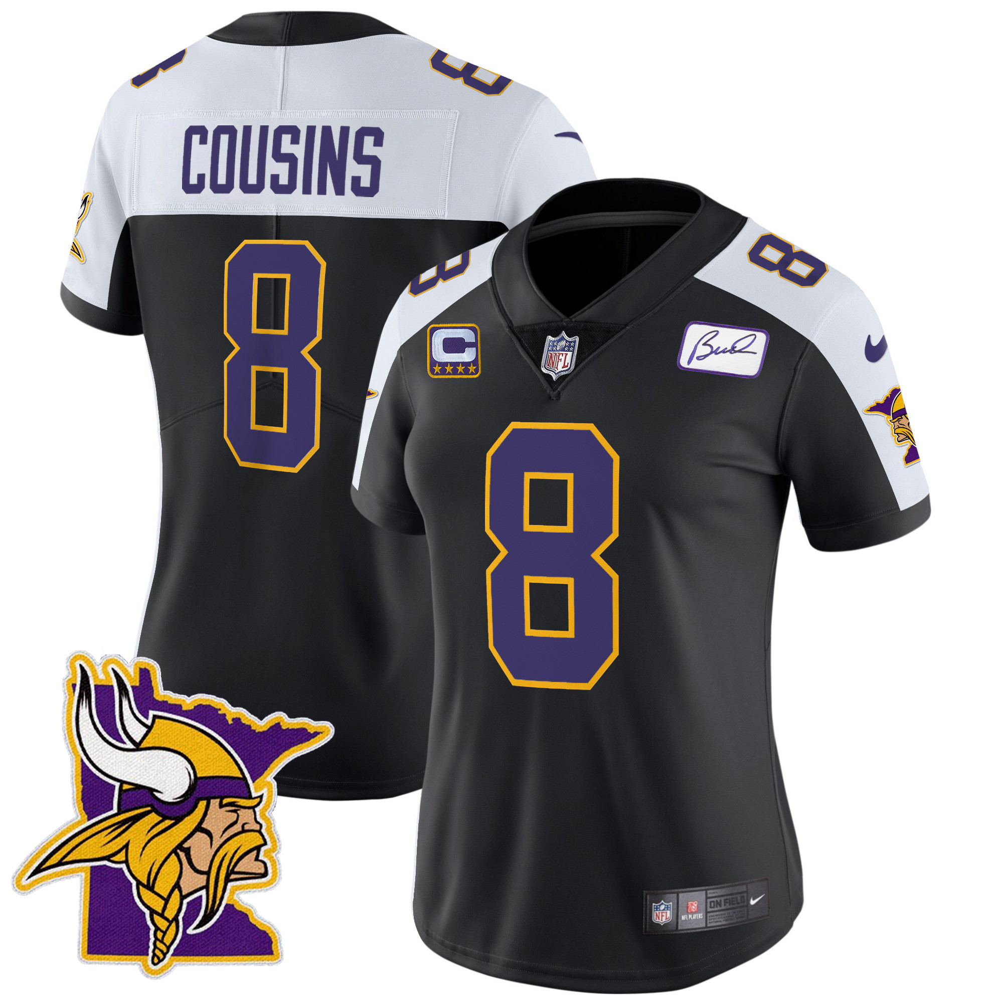 Kirk Cousins Women's Minnesota Vikings Bud Grant Patch Classic Limited V5 Black Alternate Jersey - All Stitched
