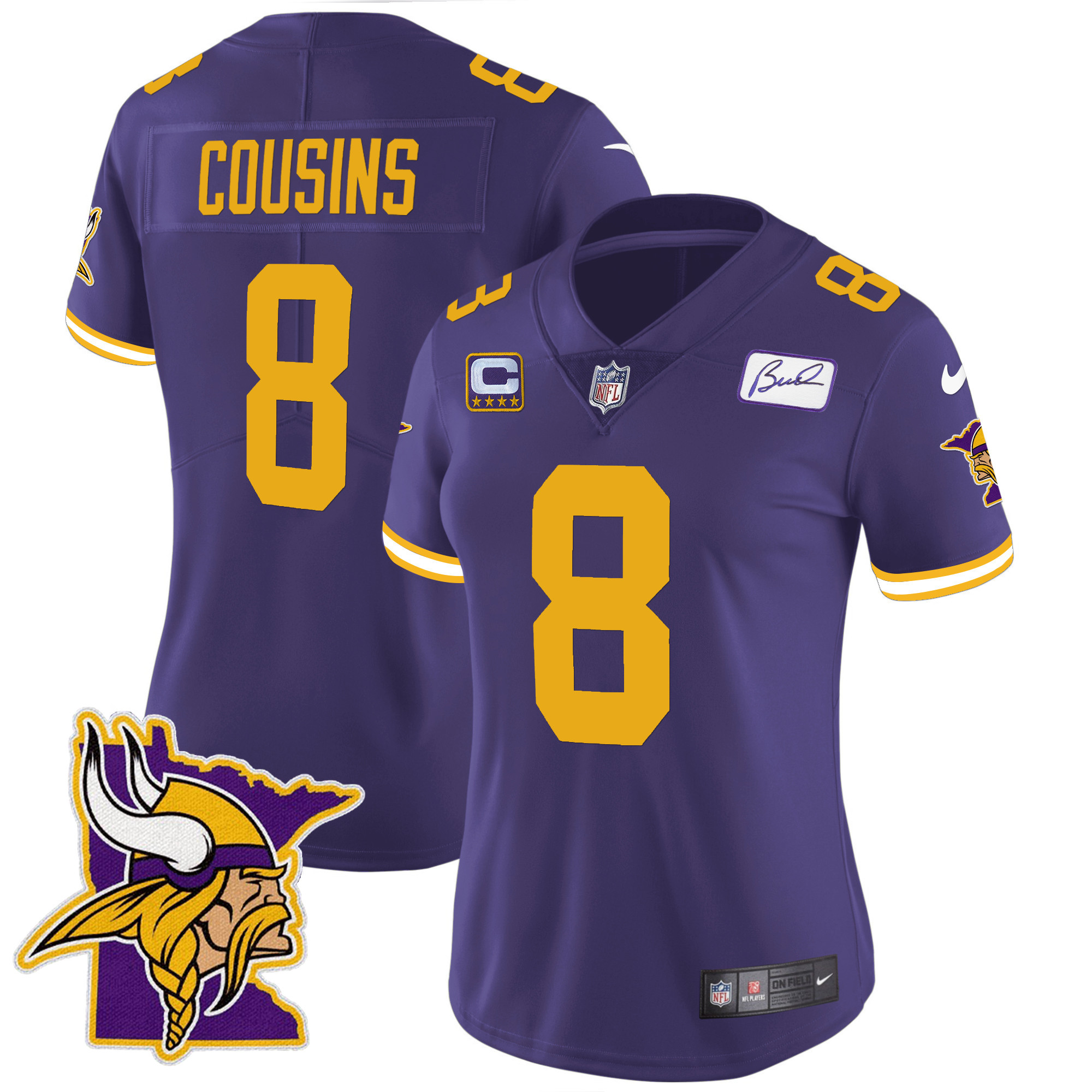 Kirk Cousins Women's Minnesota Vikings Bud Grant Patch Classic Limited V5 Color Rush Jersey - All Stitched