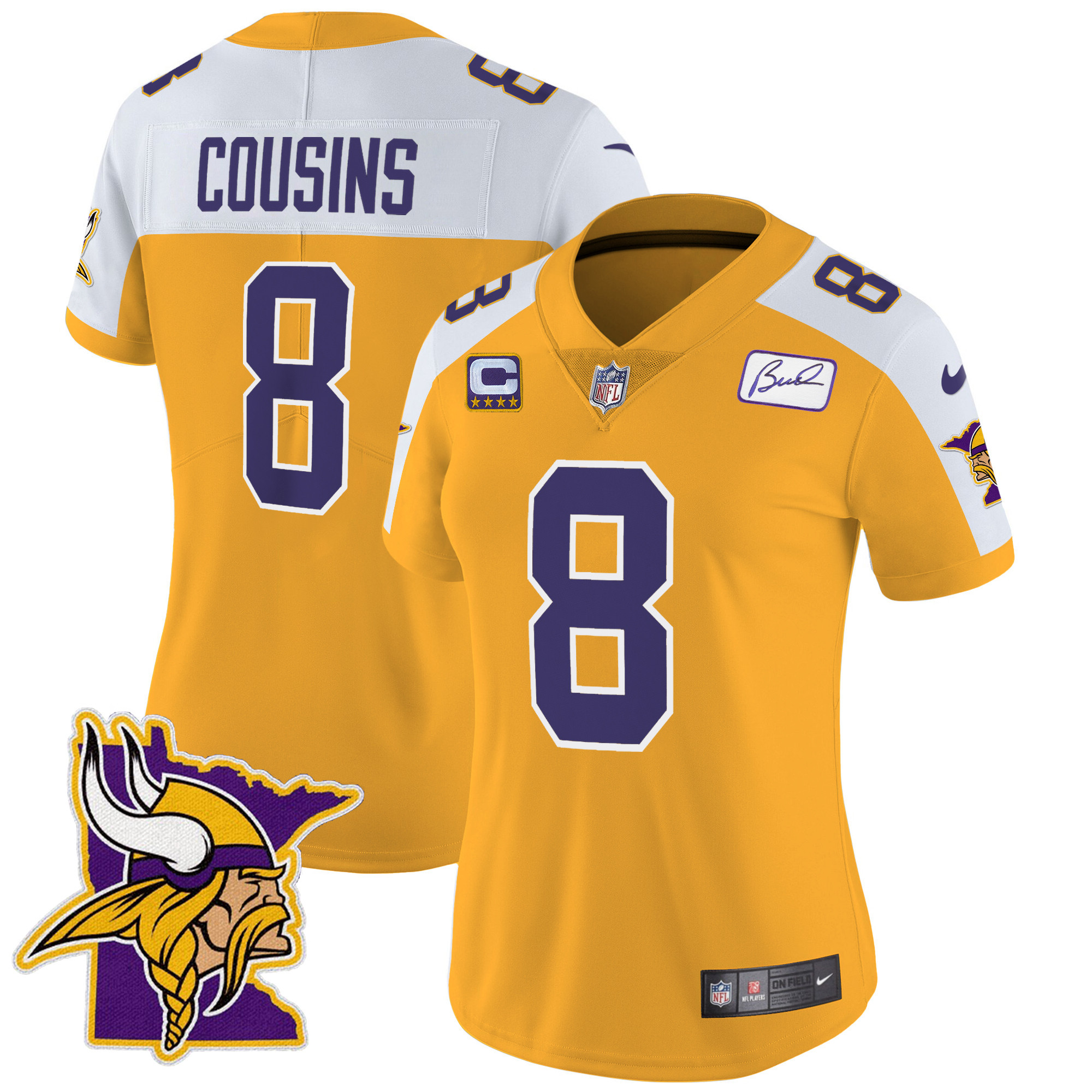 Kirk Cousins Women's Minnesota Vikings Bud Grant Patch Classic Limited V5 Gold Alternate Jersey - All Stitched