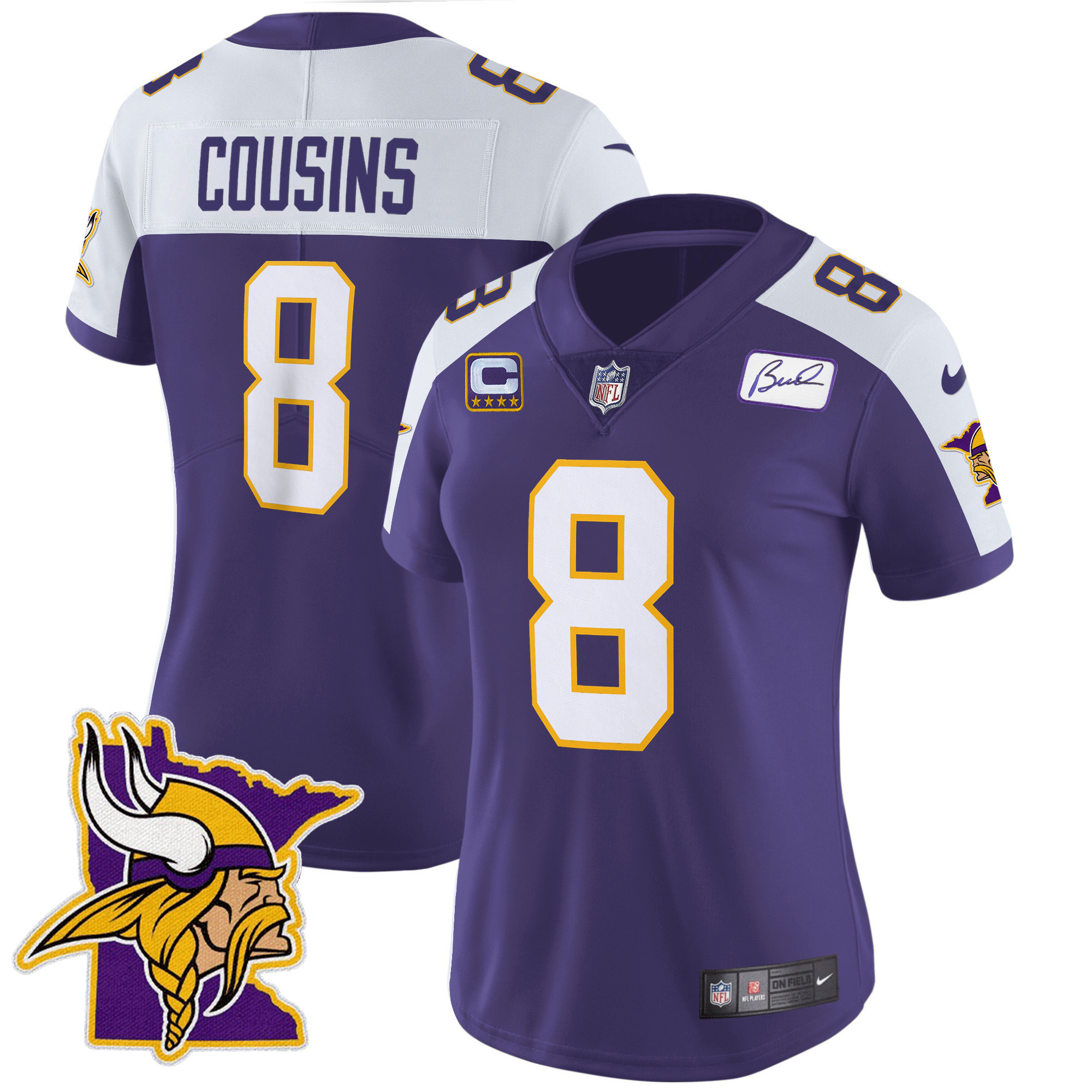 Kirk Cousins Women's Minnesota Vikings Bud Grant Patch Classic Limited V5 Purple Alternate Jersey - All Stitched