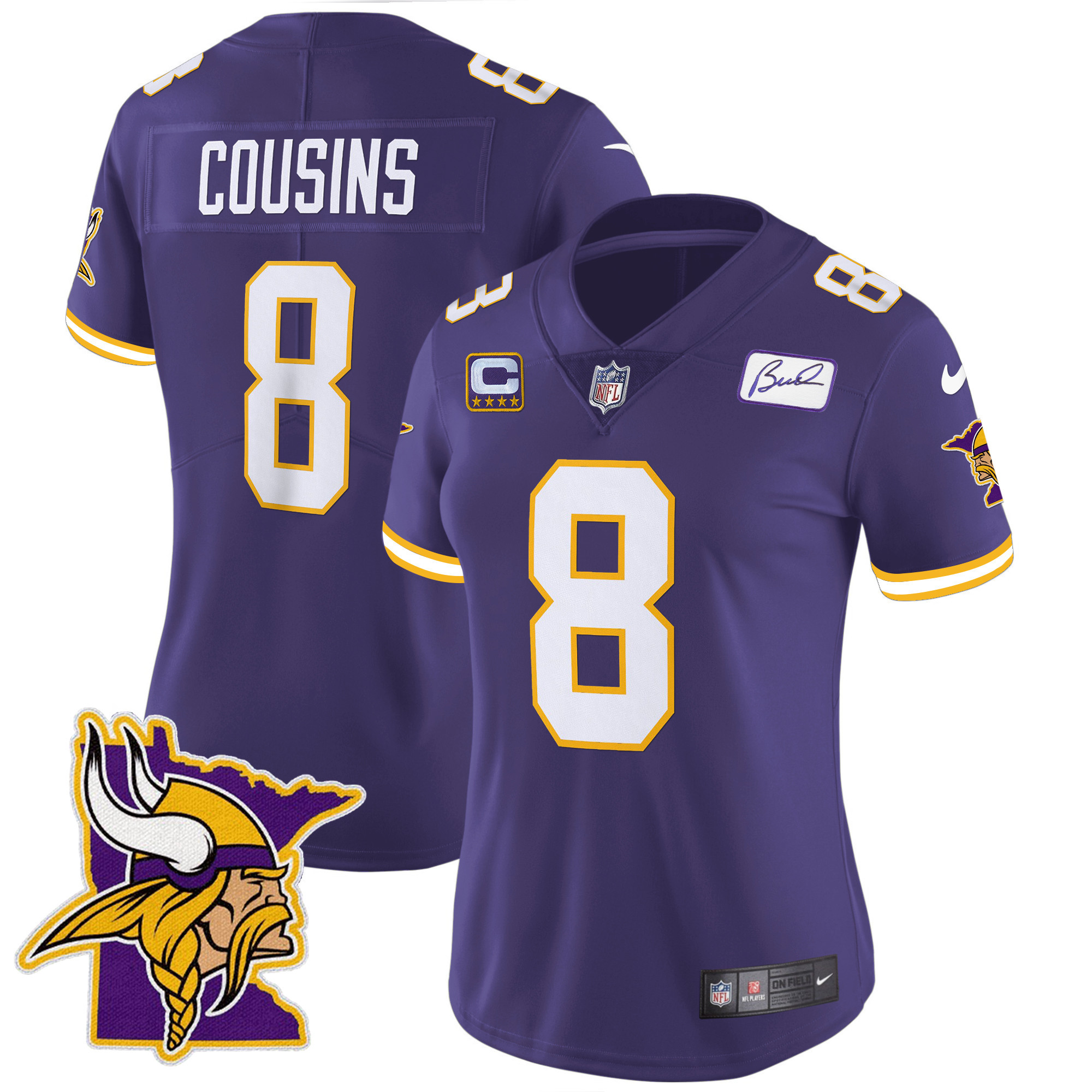 Kirk Cousins Women's Minnesota Vikings Bud Grant Patch Classic Limited V5 Purple Jersey - All Stitched