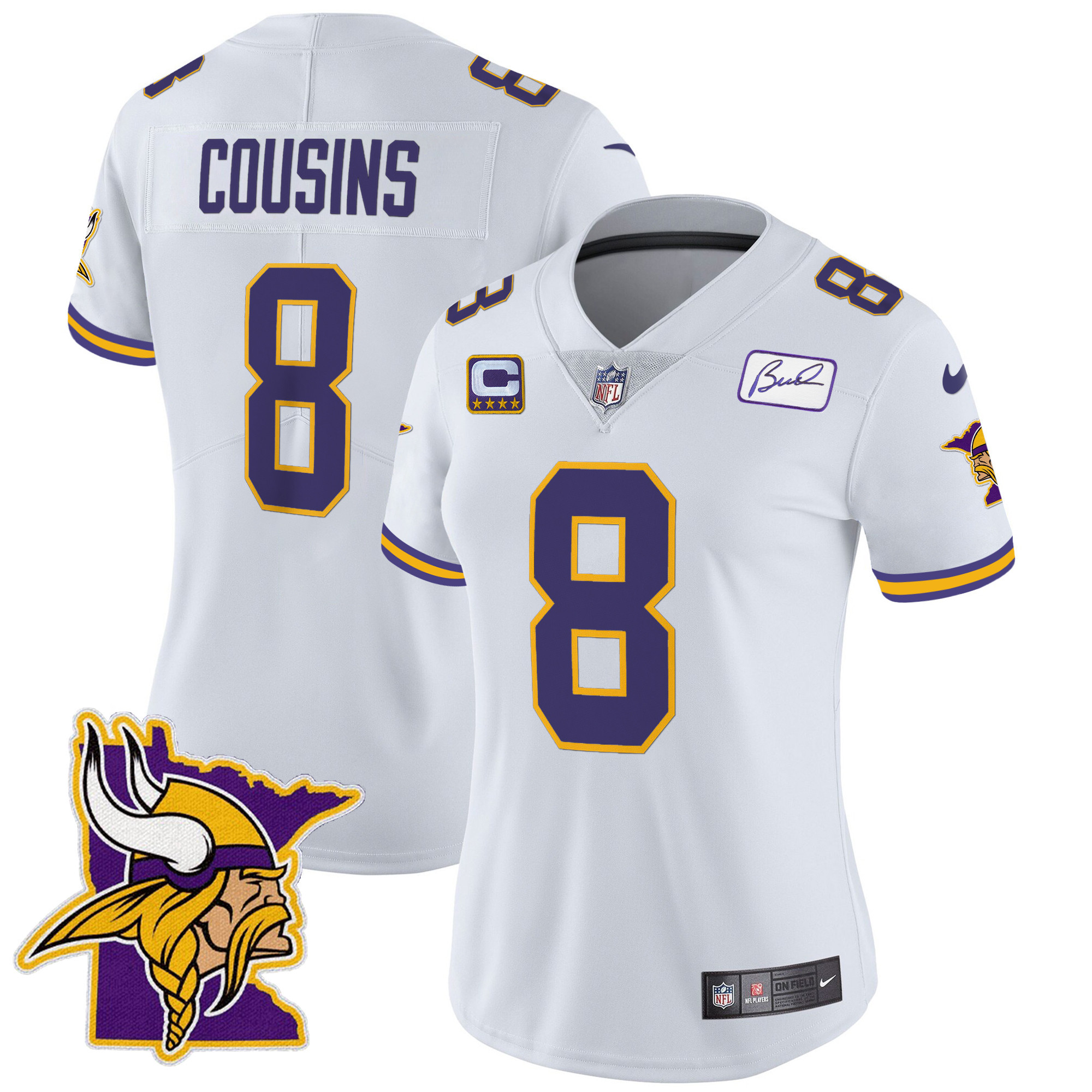 Kirk Cousins Women's Minnesota Vikings Bud Grant Patch Classic Limited V5 White Jersey - All Stitched