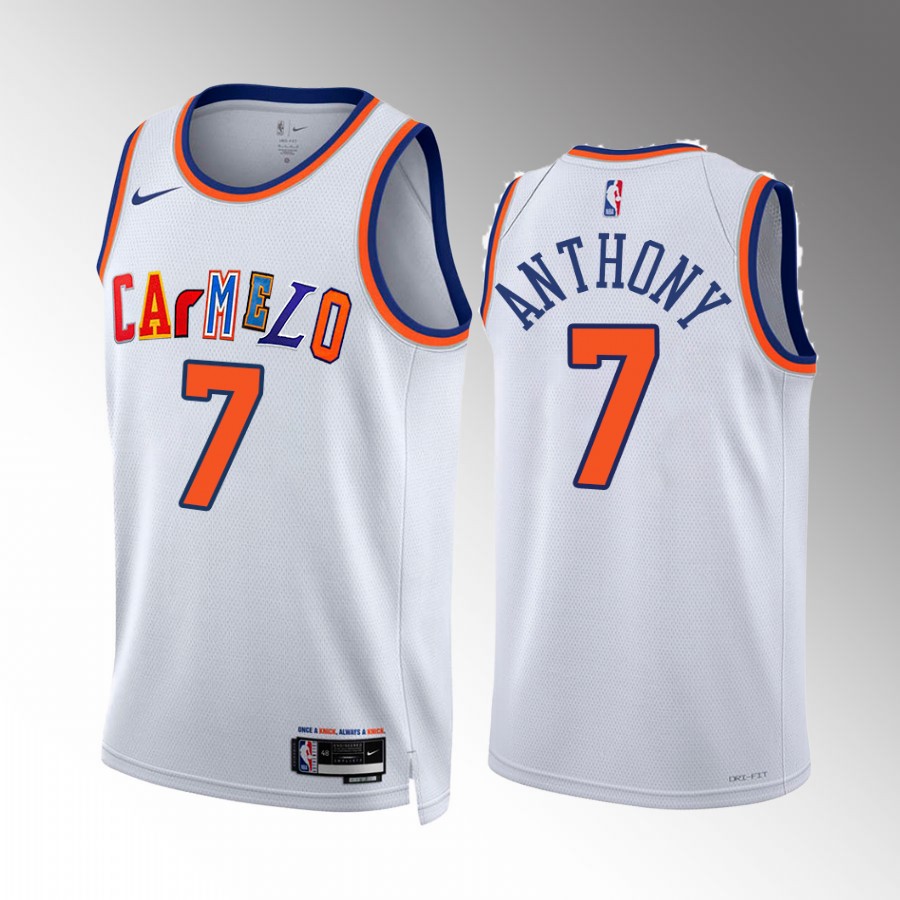 Knicks Carmelo Anthony Retirement White Jersey #7 Letters Splice