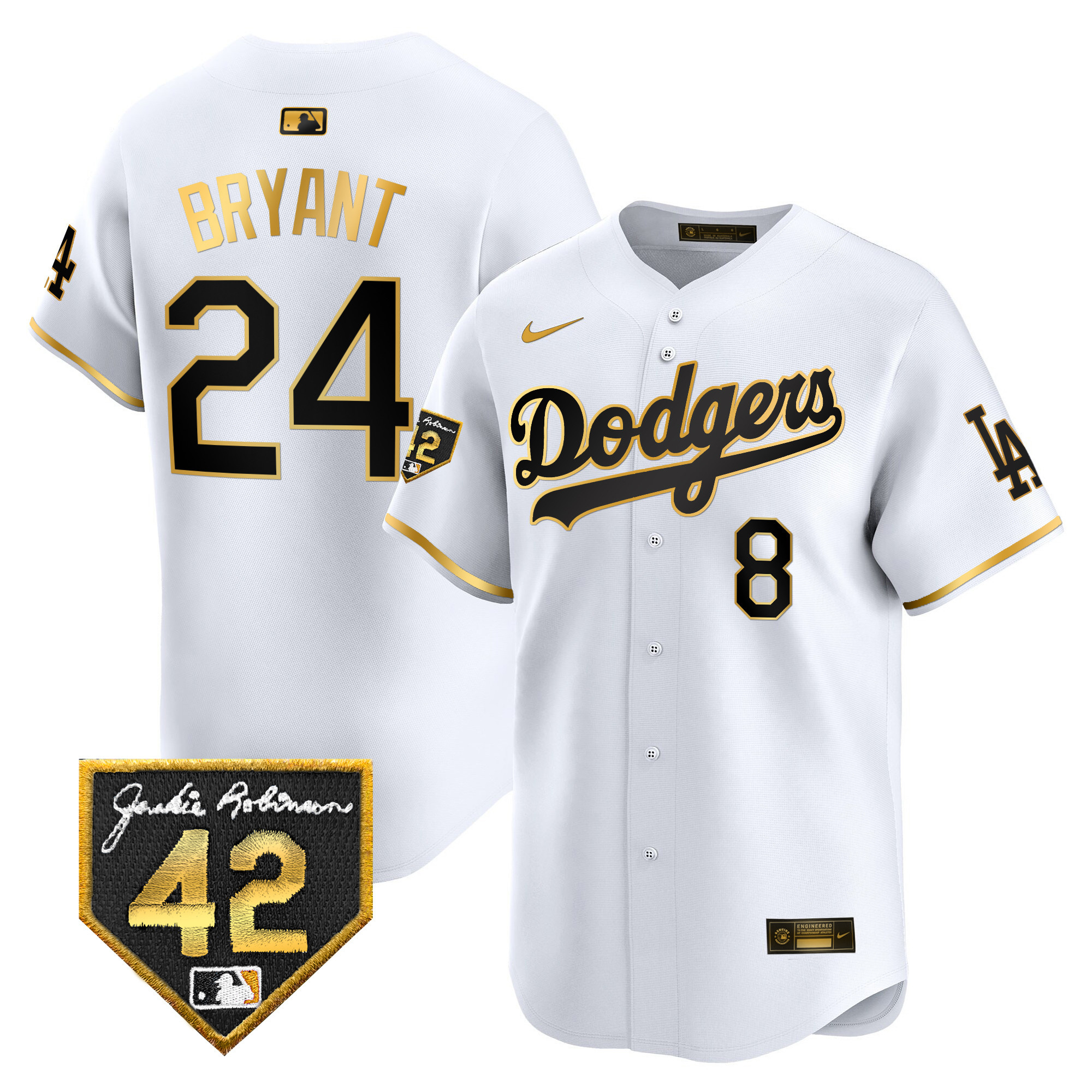 Kobe Bryant Men's Los Angeles Dodgers 2024 Jackie Robinson Patch Vapor Premier Limited White Gold Jersey - All Stitched