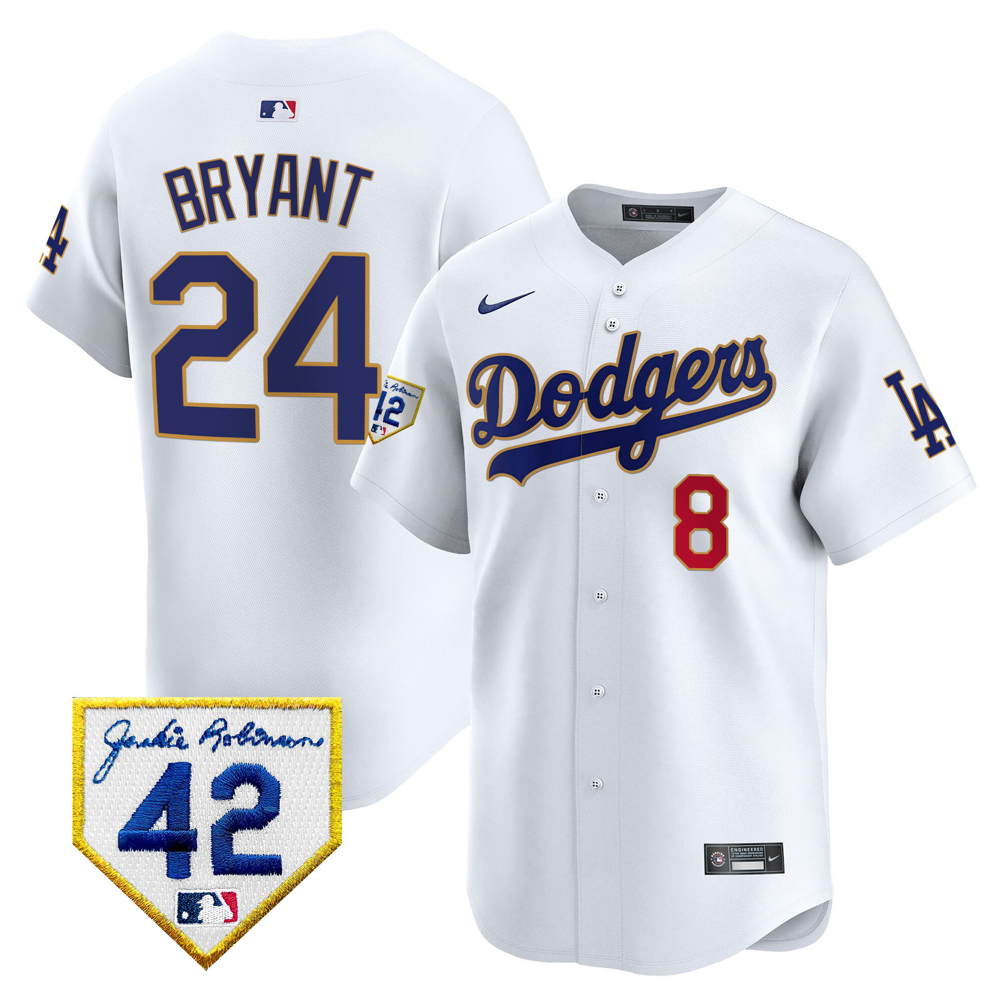 Kobe Bryant Men's Los Angeles Dodgers 2024 Jackie Robinson Patch Vapor Premier Limited White Jersey - All Stitched