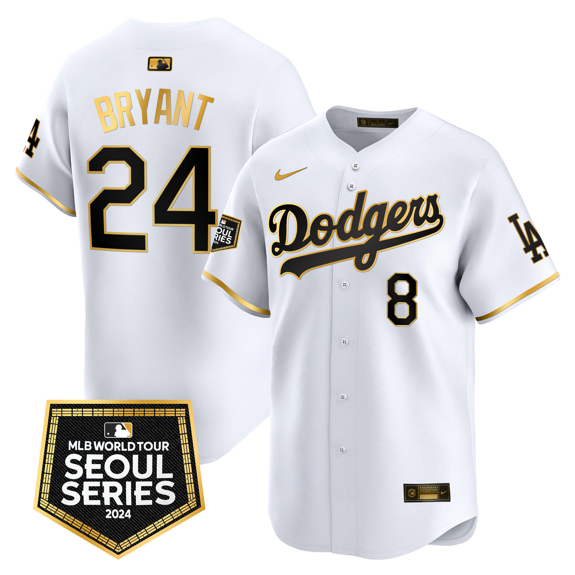 Kobe Bryant Men's Los Angeles Dodgers 2024 World Tour Seoul Series Patch Vapor Premier Limited White Gold Jersey - All Stitched