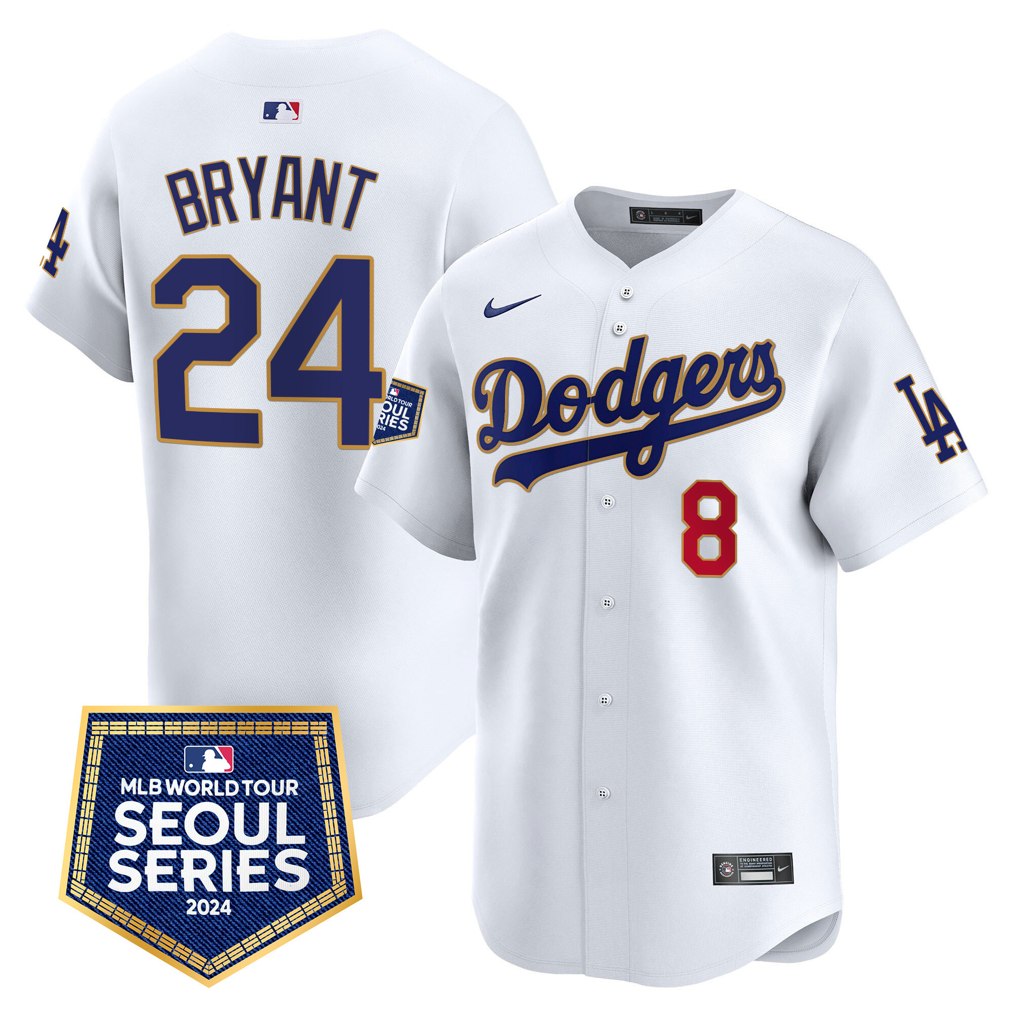 Kobe Bryant Men's Los Angeles Dodgers 2024 World Tour Seoul Series Patch Vapor Premier Limited White Jersey - All Stitched