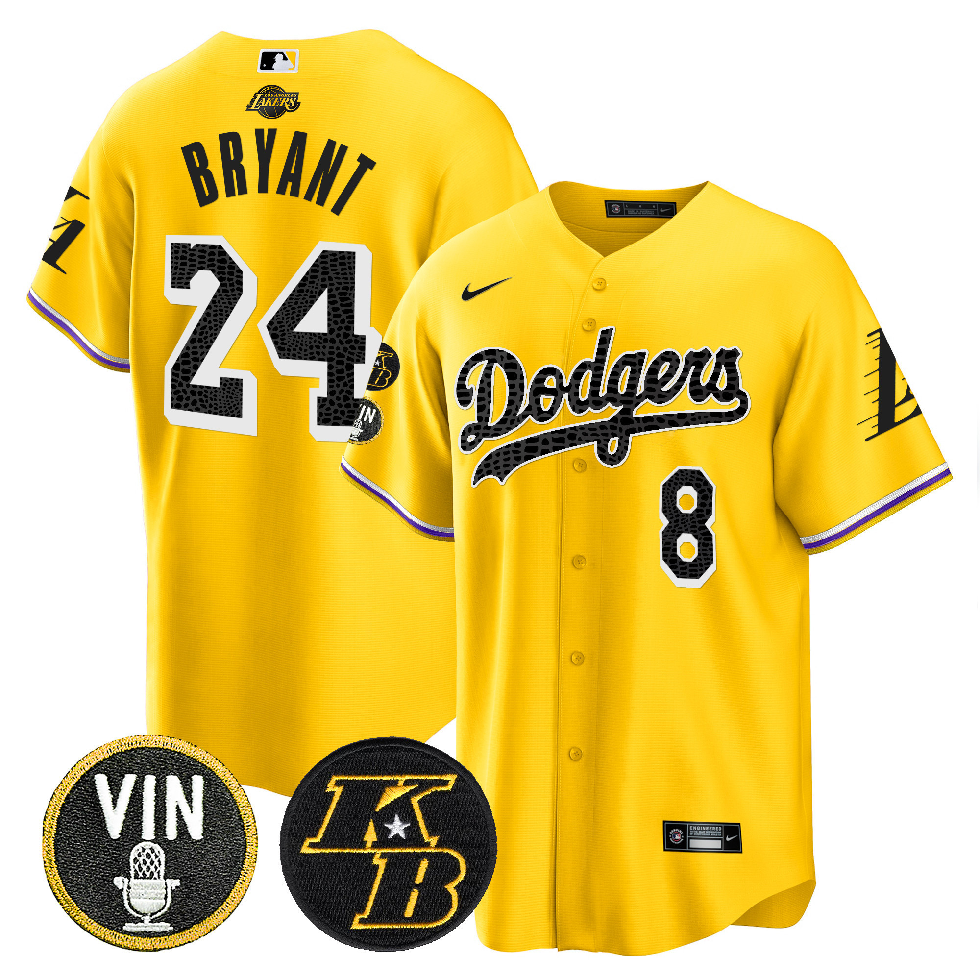 Kobe Bryant Men's Los Angeles Dodgers Bryant & Vin Patch Cool Base Mamba Gold Jersey - All Stitched