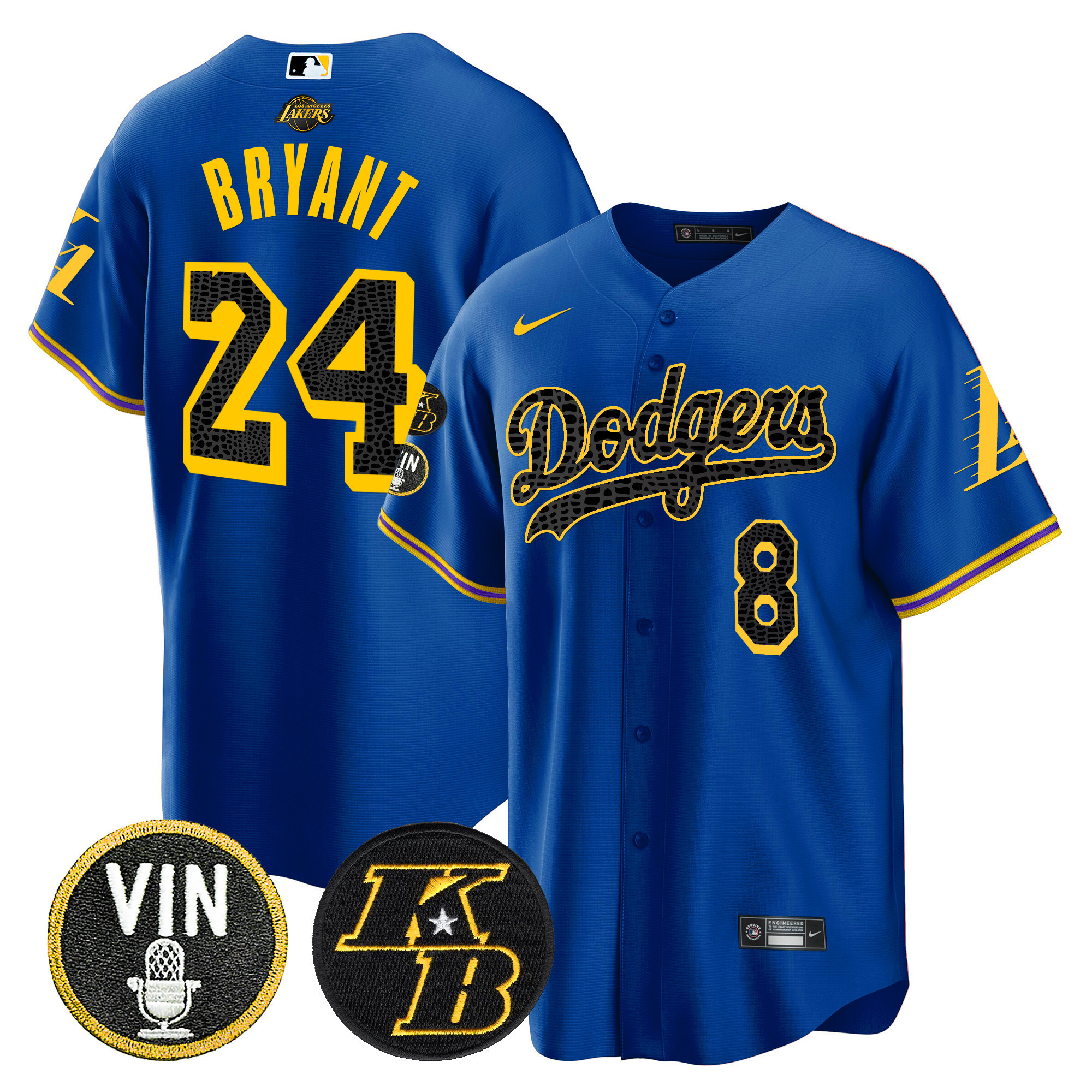 Kobe Bryant Men's Los Angeles Dodgers Bryant & Vin Patch Cool Base Mamba Royal Jersey - All Stitched