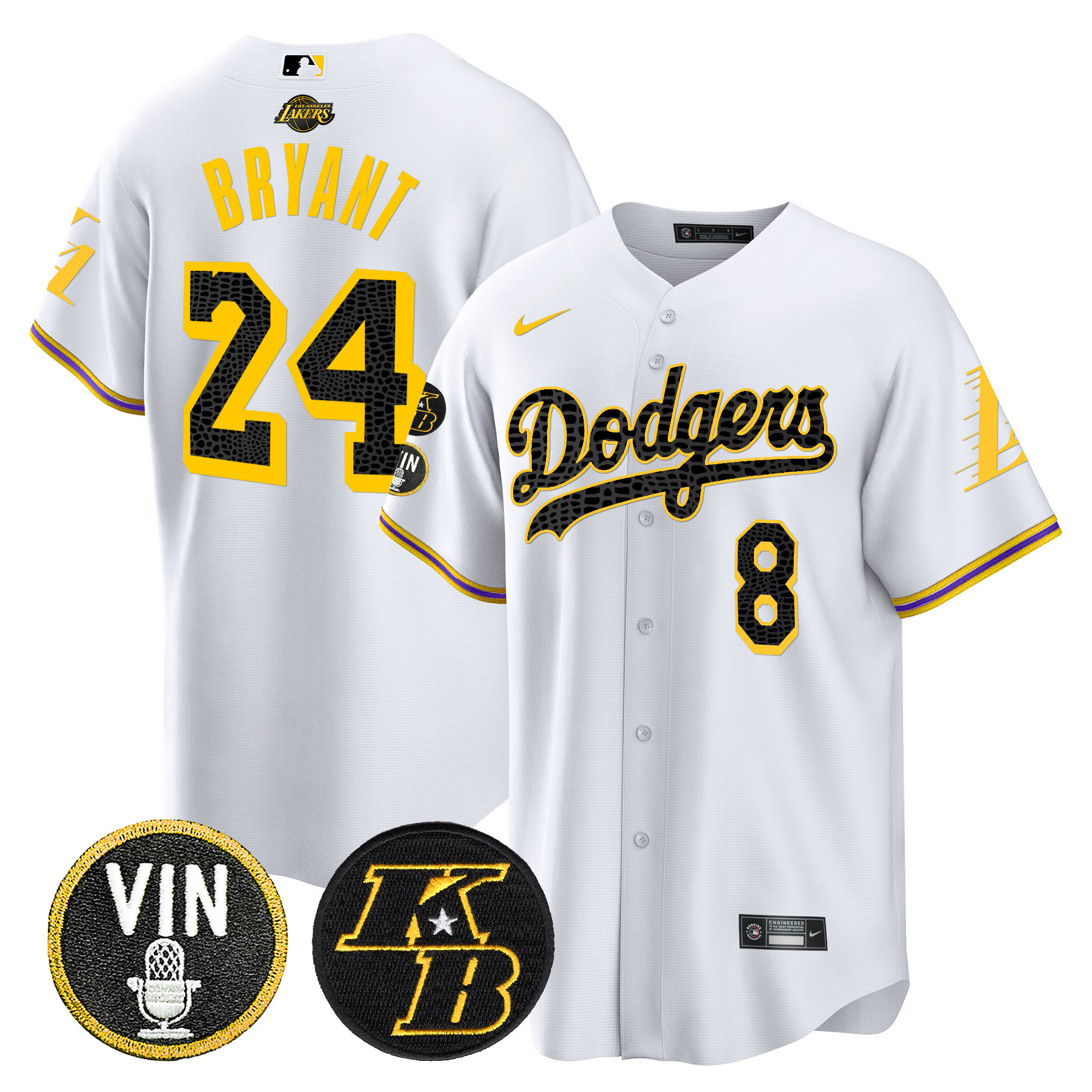 Kobe Bryant Men's Los Angeles Dodgers Bryant & Vin Patch Cool Base Mamba White Jersey - All Stitched