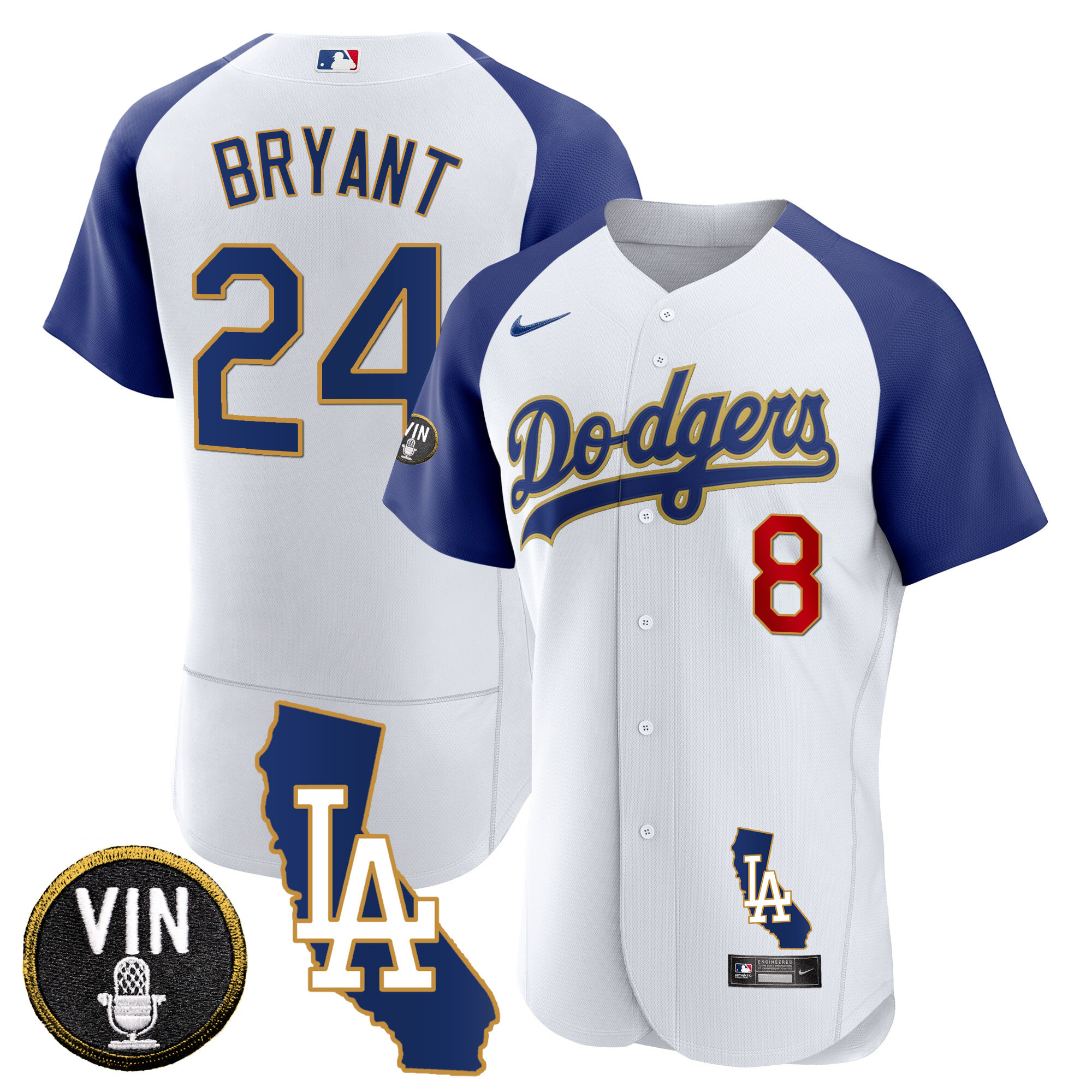 Kobe Bryant Men's Los Angeles Dodgers California Patch Gold Trim Flex Base Alternate White Jersey - All Stitched