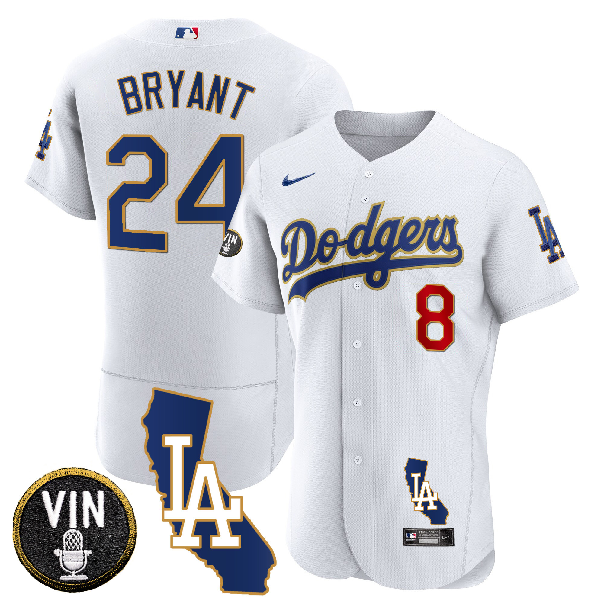 Kobe Bryant Men's Los Angeles Dodgers California Patch Gold Trim Flex Base White Jersey - All Stitched