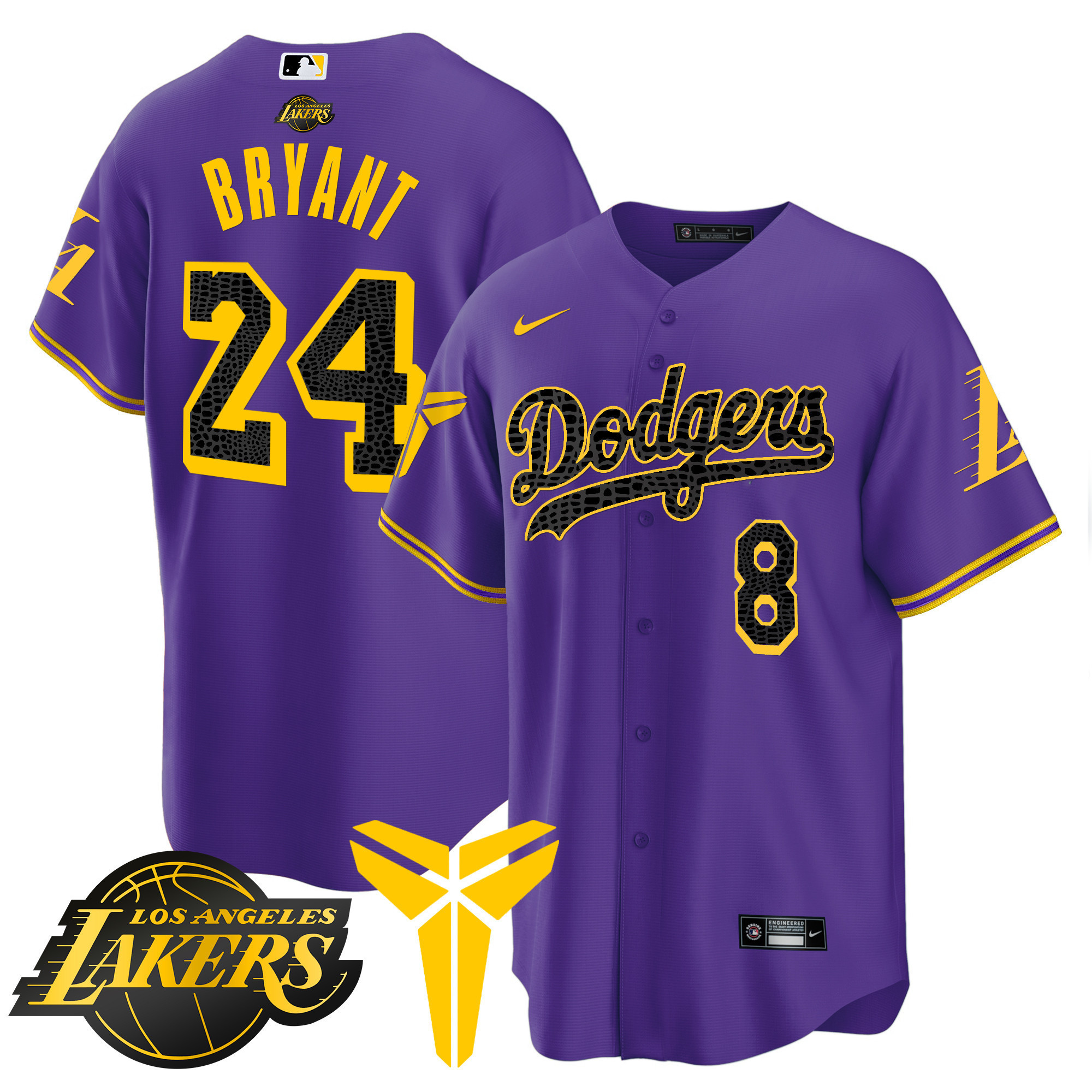 Kobe Bryant Men's Los Angeles Dodgers Cool Base Mamba V2 Purple Jersey - All Stitched