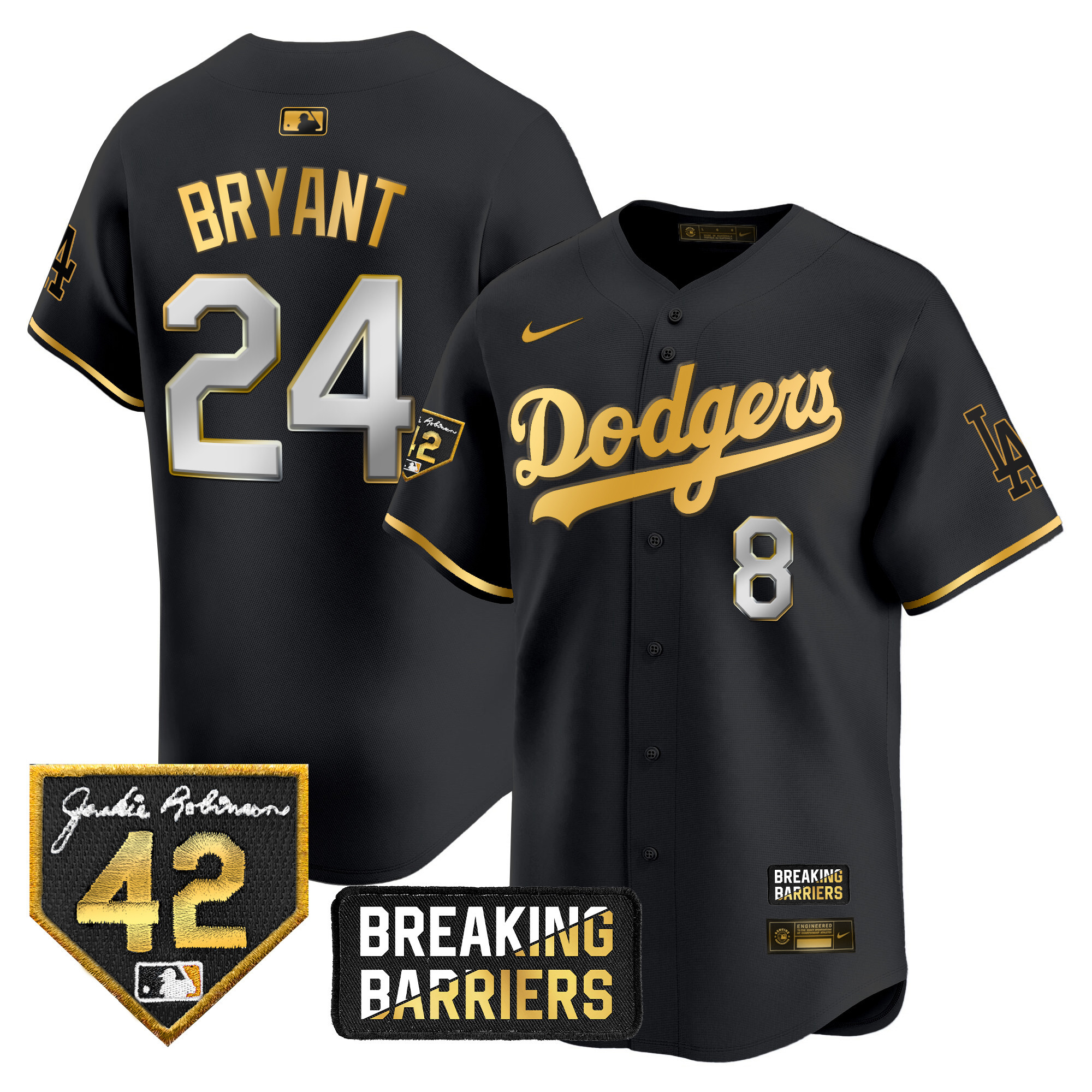 Kobe Bryant Men's Los Angeles Dodgers Jackie Robinson Breaking Barriers Patch Vapor Premier Limited Black Gold Jersey - All Stitched