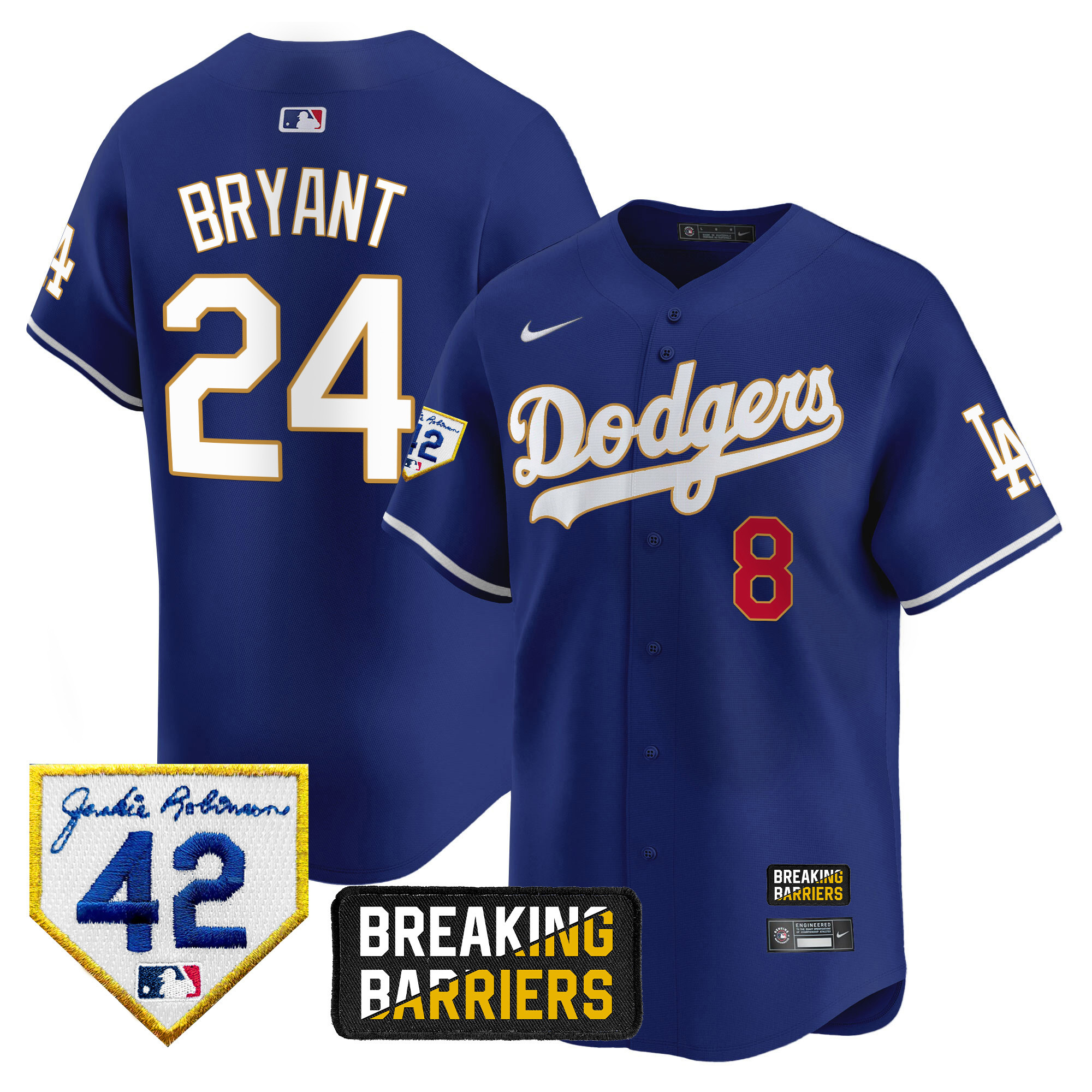 Kobe Bryant Men's Los Angeles Dodgers Jackie Robinson Breaking Barriers Patch Vapor Premier Limited Royal Jersey - All Stitched