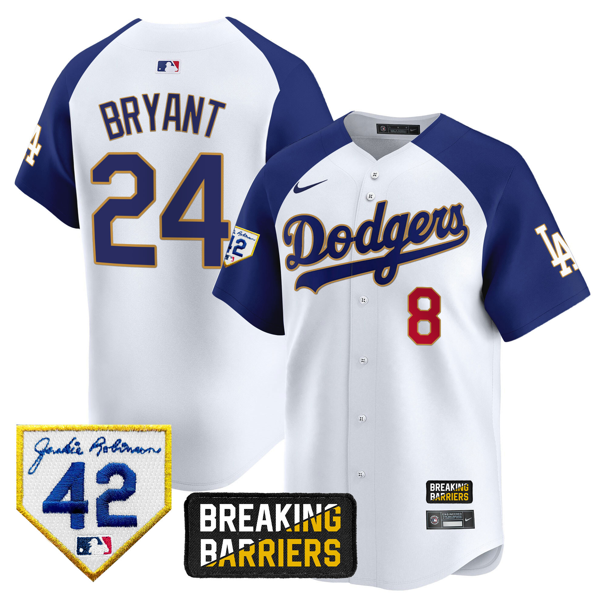 Kobe Bryant Men's Los Angeles Dodgers Jackie Robinson Breaking Barriers Patch Vapor Premier Limited White Alternate Jersey - All Stitched