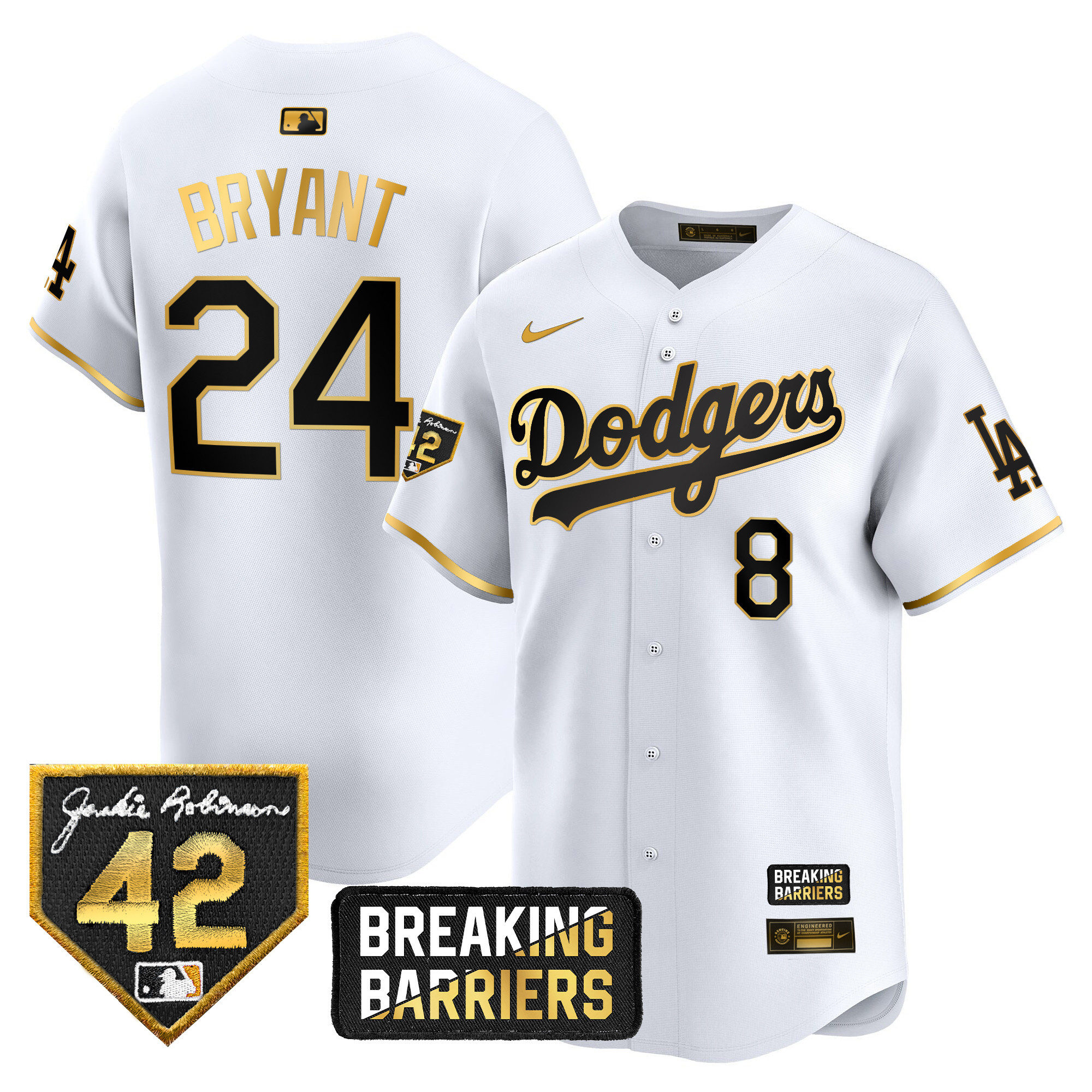 Kobe Bryant Men's Los Angeles Dodgers Jackie Robinson Breaking Barriers Patch Vapor Premier Limited White Gold Jersey - All Stitched