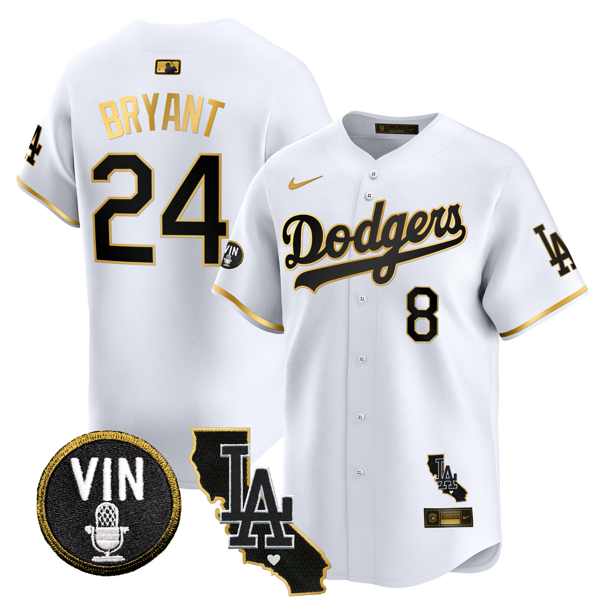 Kobe Bryant Men's Los Angeles Dodgers Vin & California Patch Gold Trim Vapor Premier Limited White Gold Jersey - All Stitched