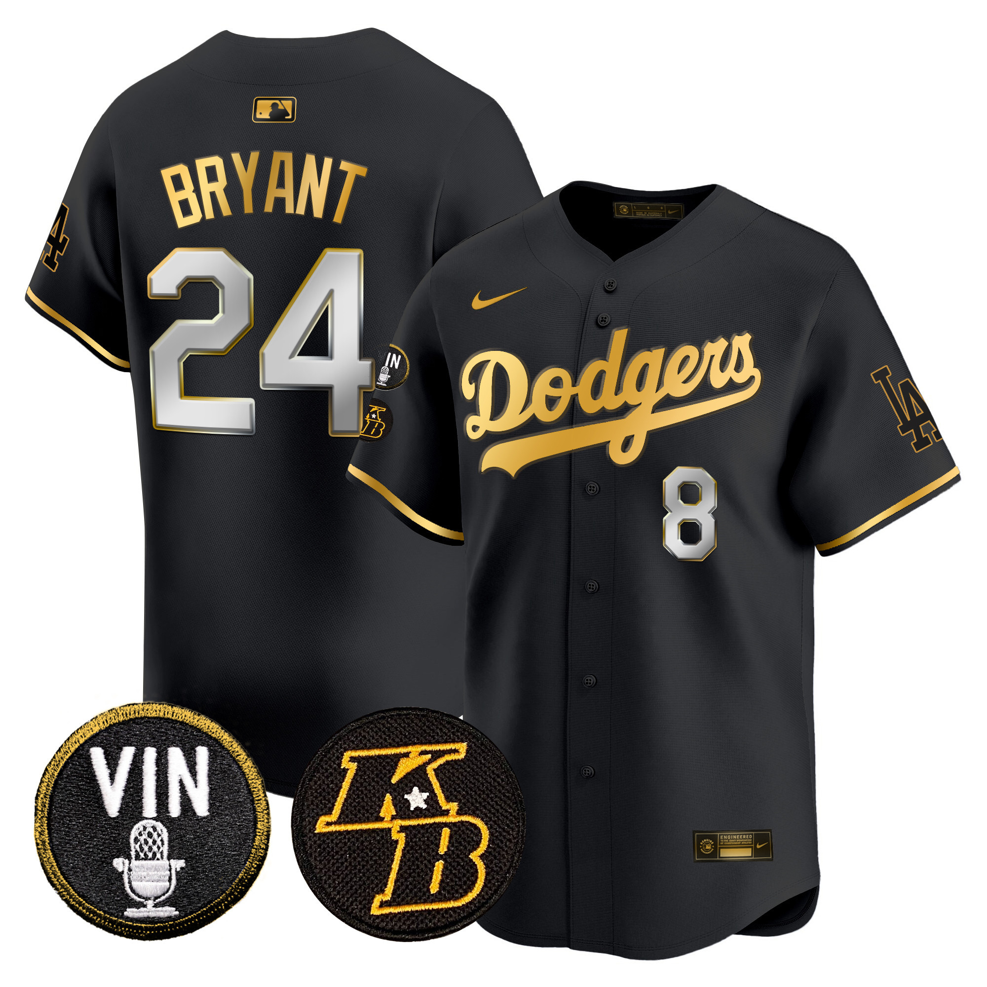 Kobe Bryant Men's Los Angeles Dodgers Vin & Kobe Patch Gold Trim Vapor Premier Limited Black Gold Jersey - All Stitched