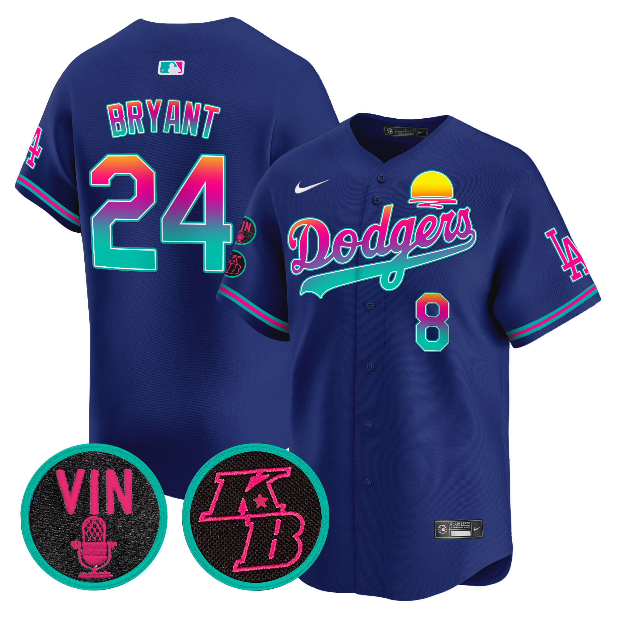 Kobe Bryant Men's Los Angeles Dodgers Vin & Kobe Patch Gold Trim Vapor Premier Limited LA City Jersey - All Stitched
