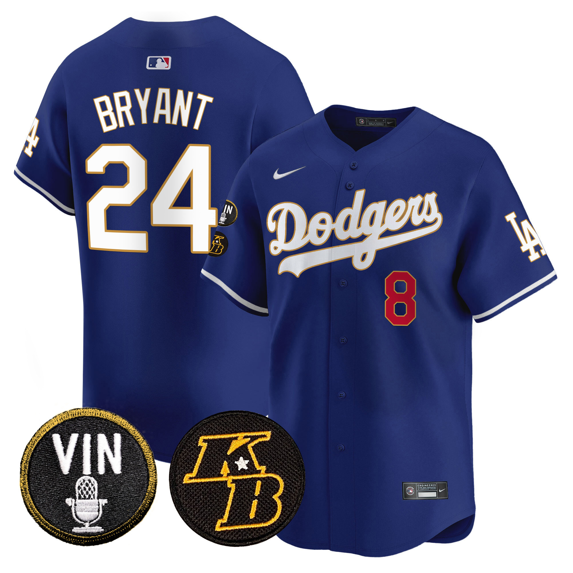 Kobe Bryant Men's Los Angeles Dodgers Vin & Kobe Patch Gold Trim Vapor Premier Limited Royal Jersey - All Stitched
