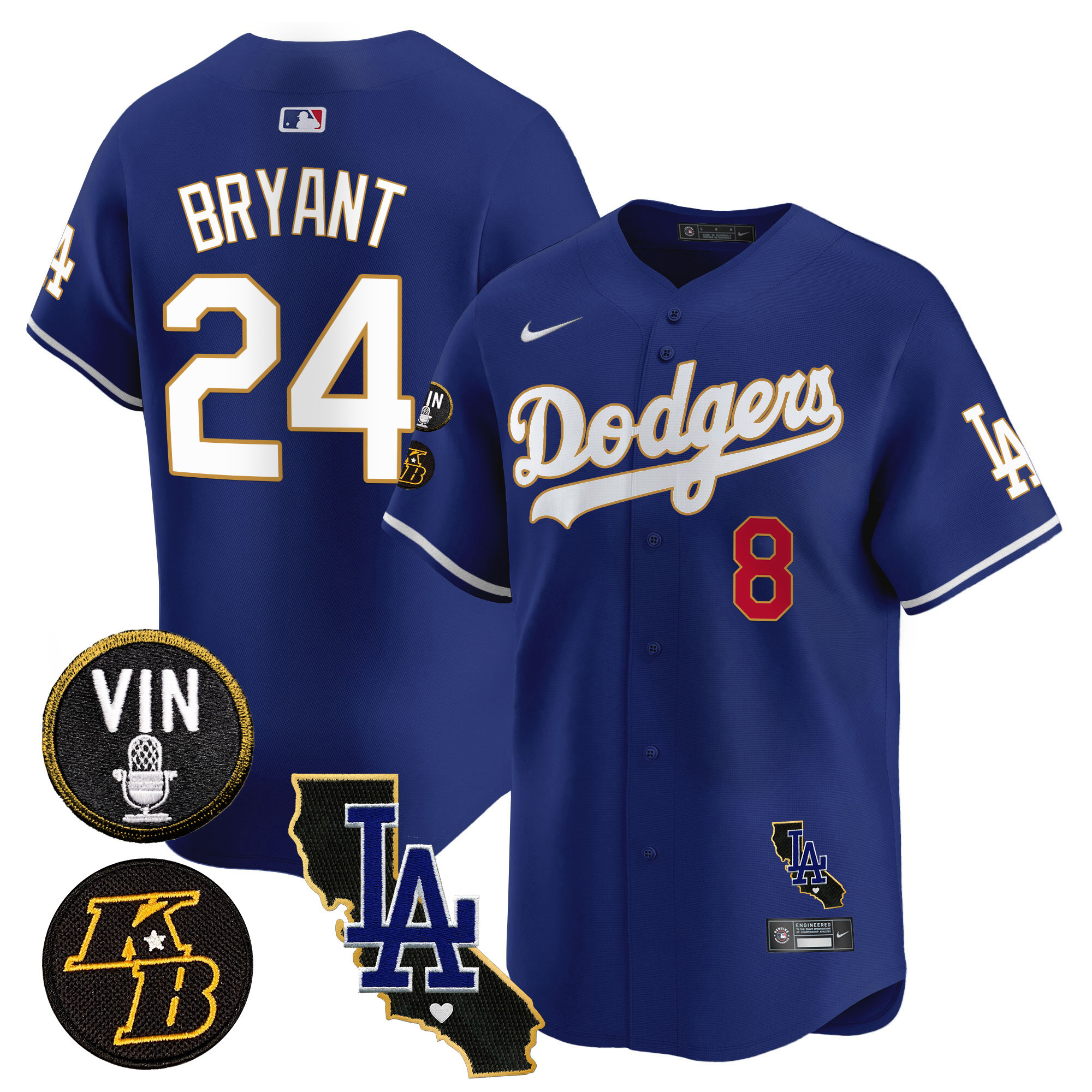 Kobe Bryant Men's Los Angeles Dodgers Vin & Kobe Patch Gold Trim Vapor Premier Limited V2 Royal Jersey - All Stitched
