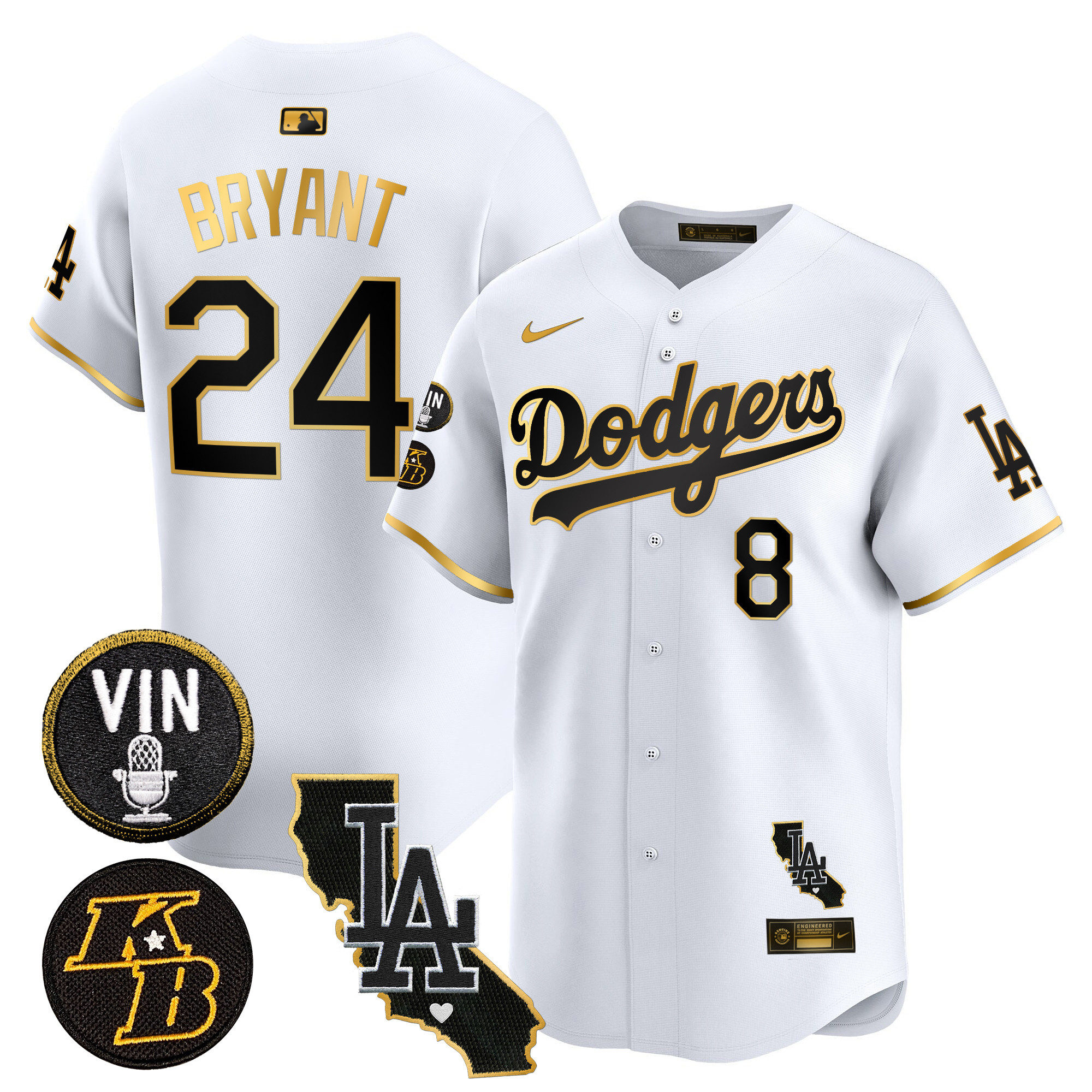 Kobe Bryant Men's Los Angeles Dodgers Vin & Kobe Patch Gold Trim Vapor Premier Limited V2 White Gold Jersey - All Stitched