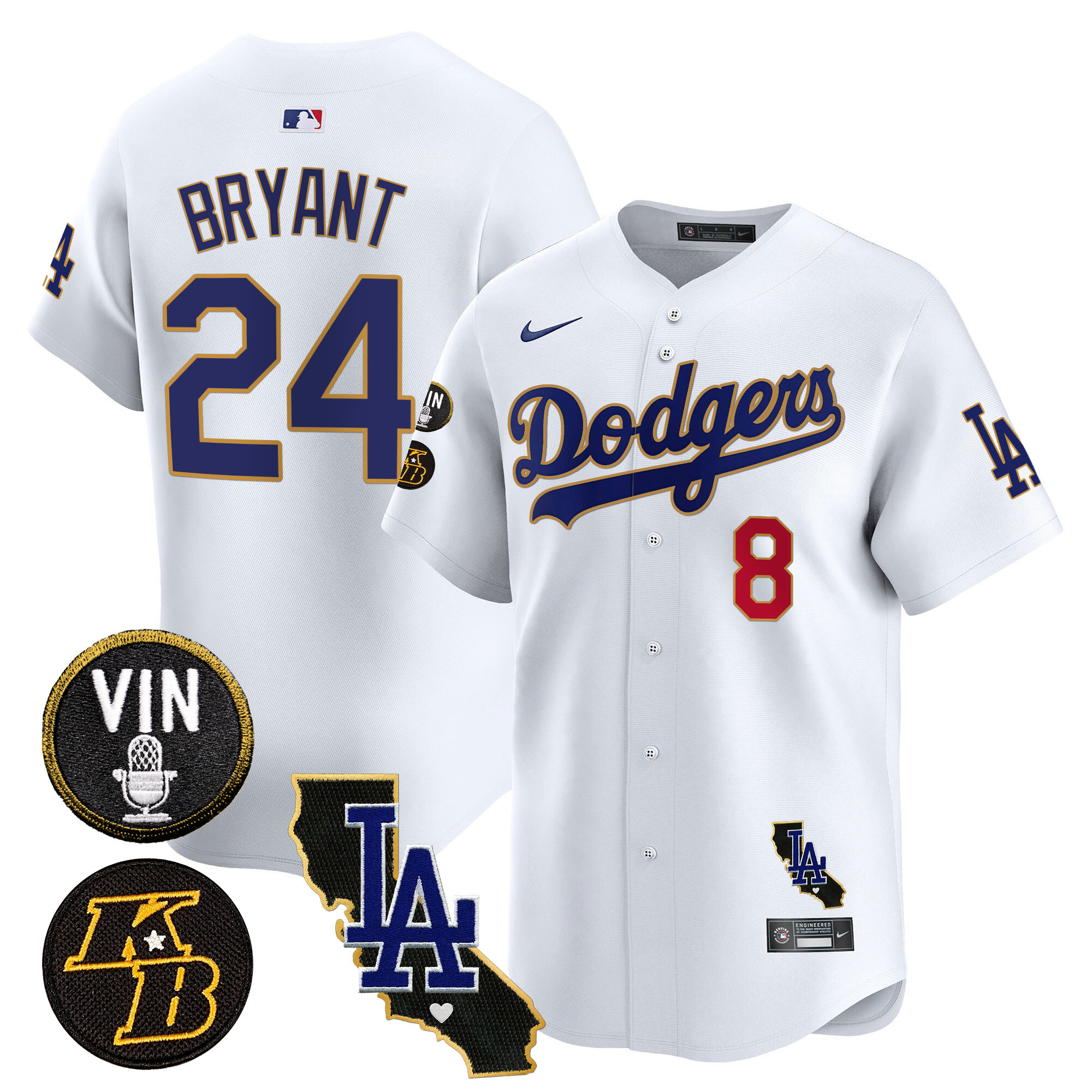 Kobe Bryant Men's Los Angeles Dodgers Vin & Kobe Patch Gold Trim Vapor Premier Limited V2 White Jersey - All Stitched