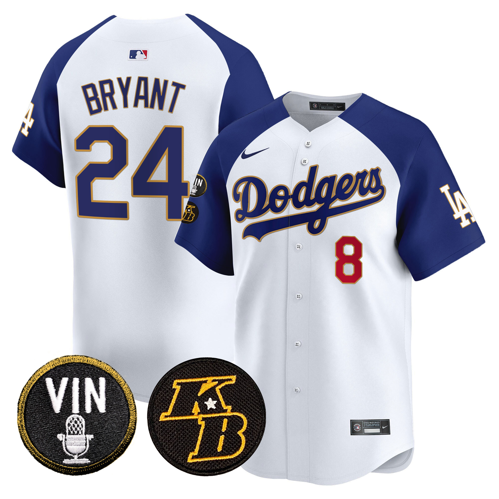 Kobe Bryant Men's Los Angeles Dodgers Vin & Kobe Patch Gold Trim Vapor Premier Limited White Alternate Jersey - All Stitched