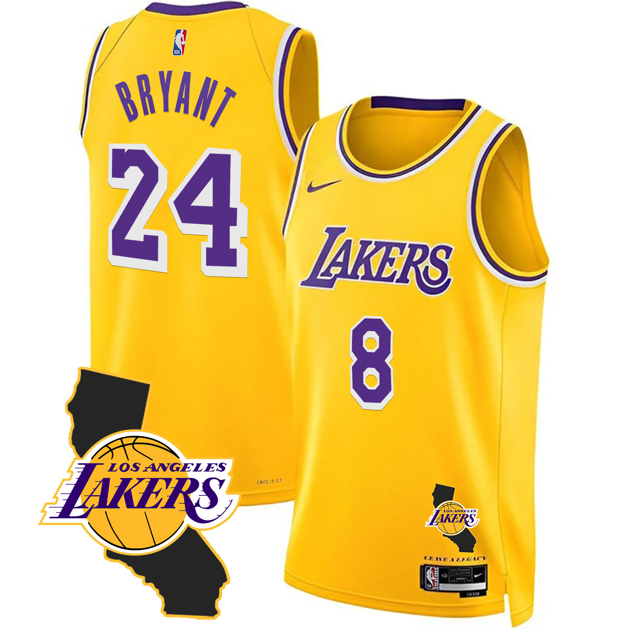 Kobe Bryant Men's Los Angeles Lakers California Patch Gold Jersey - All Stitched