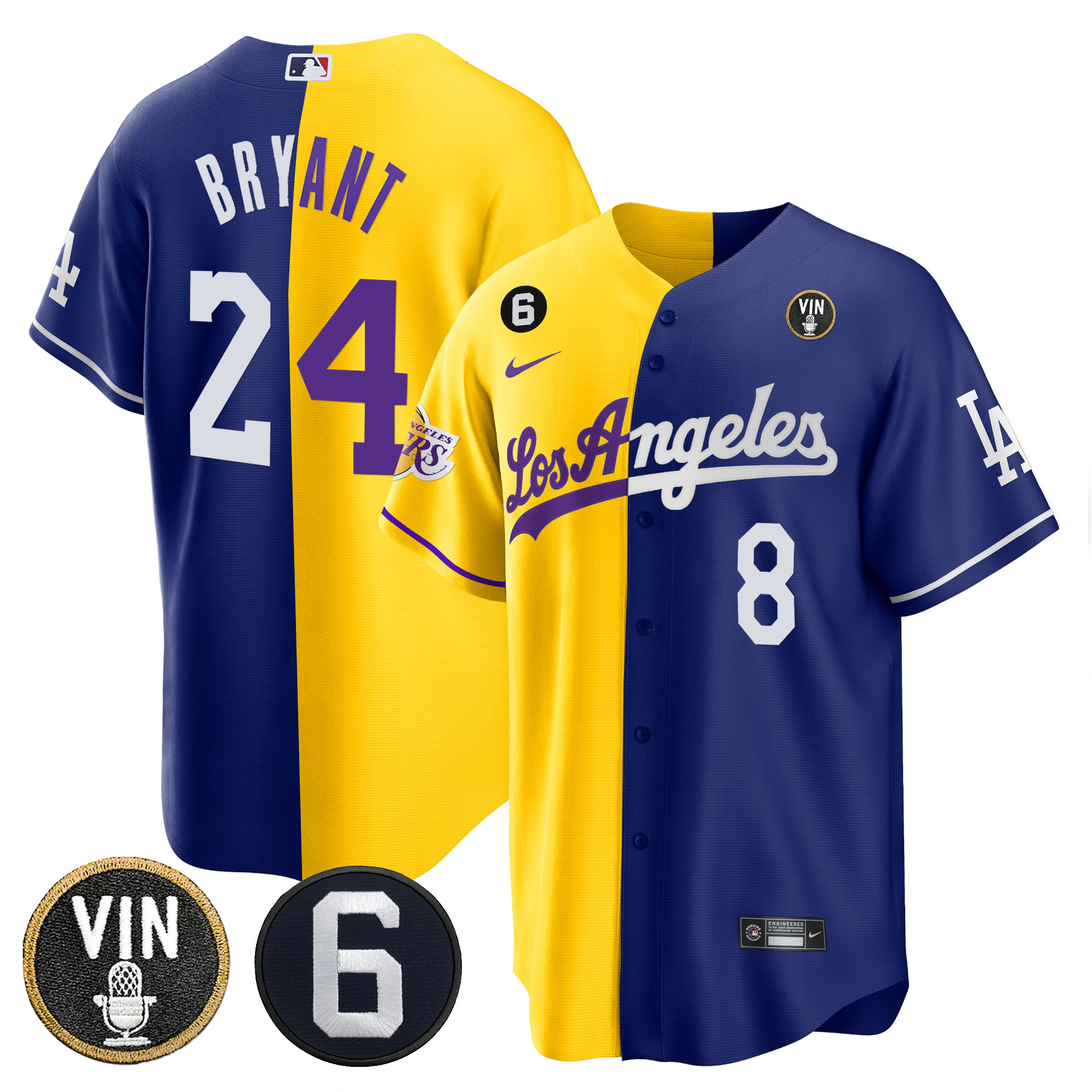 Kobe Bryant Men's Split Los Angeles Dodgers - Lakers Cool Base Gold Royal Jersey - All Stitched