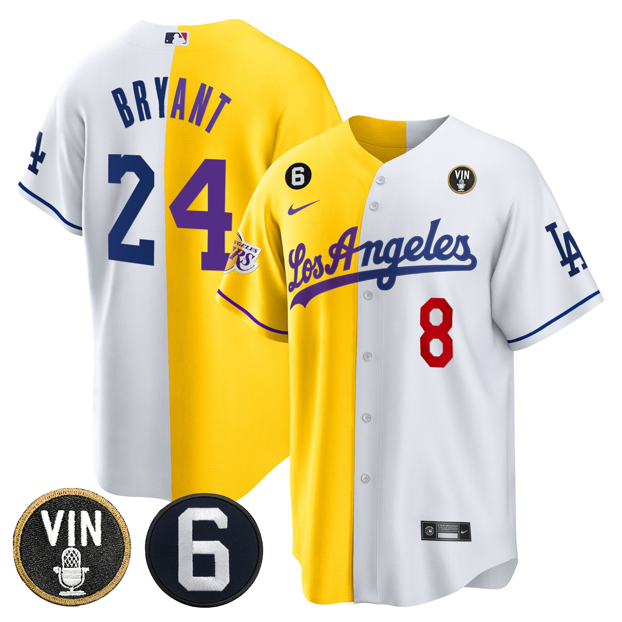 Kobe Bryant Men's Split Los Angeles Dodgers - Lakers Cool Base Gold White Jersey - All Stitched