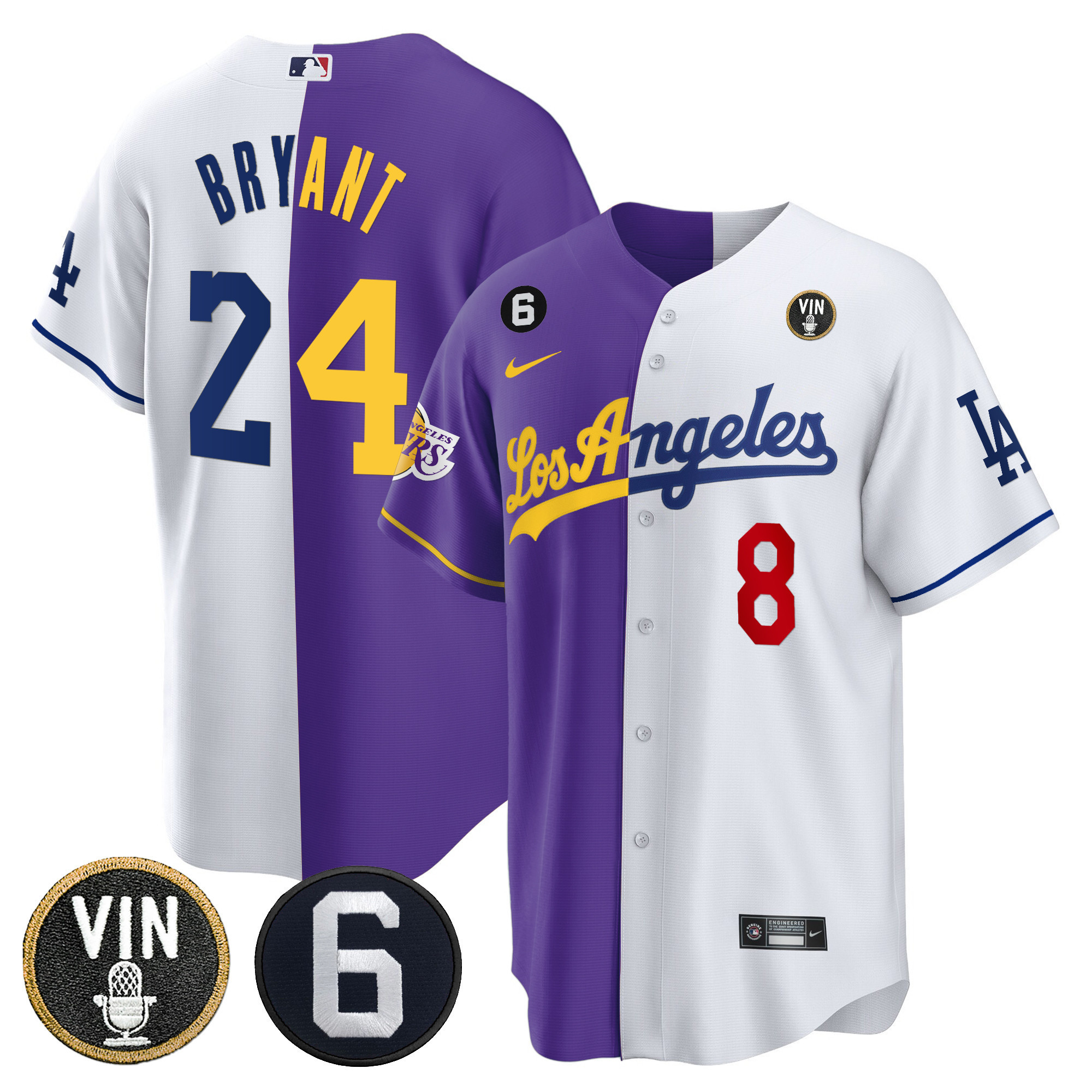 Kobe Bryant Men's Split Los Angeles Dodgers - Lakers Cool Base Purple White Jersey - All Stitched