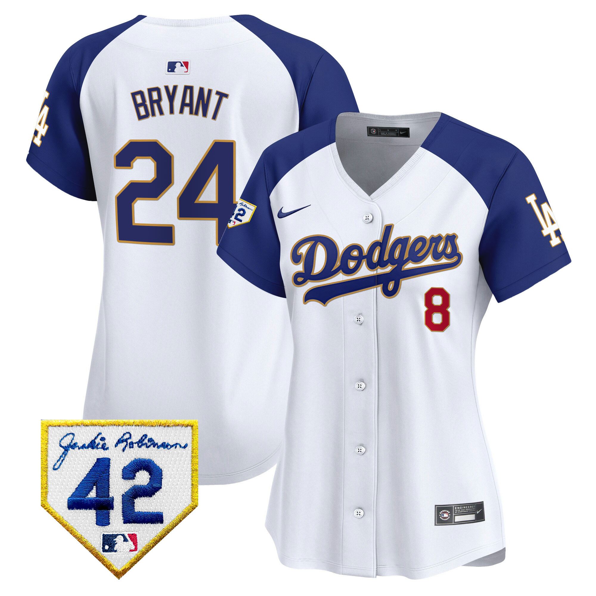 Kobe Bryant Women's Los Angeles Dodgers 2024 Jackie Robinson Patch Vapor Premier Limited White Alternate Jersey - All Stitched