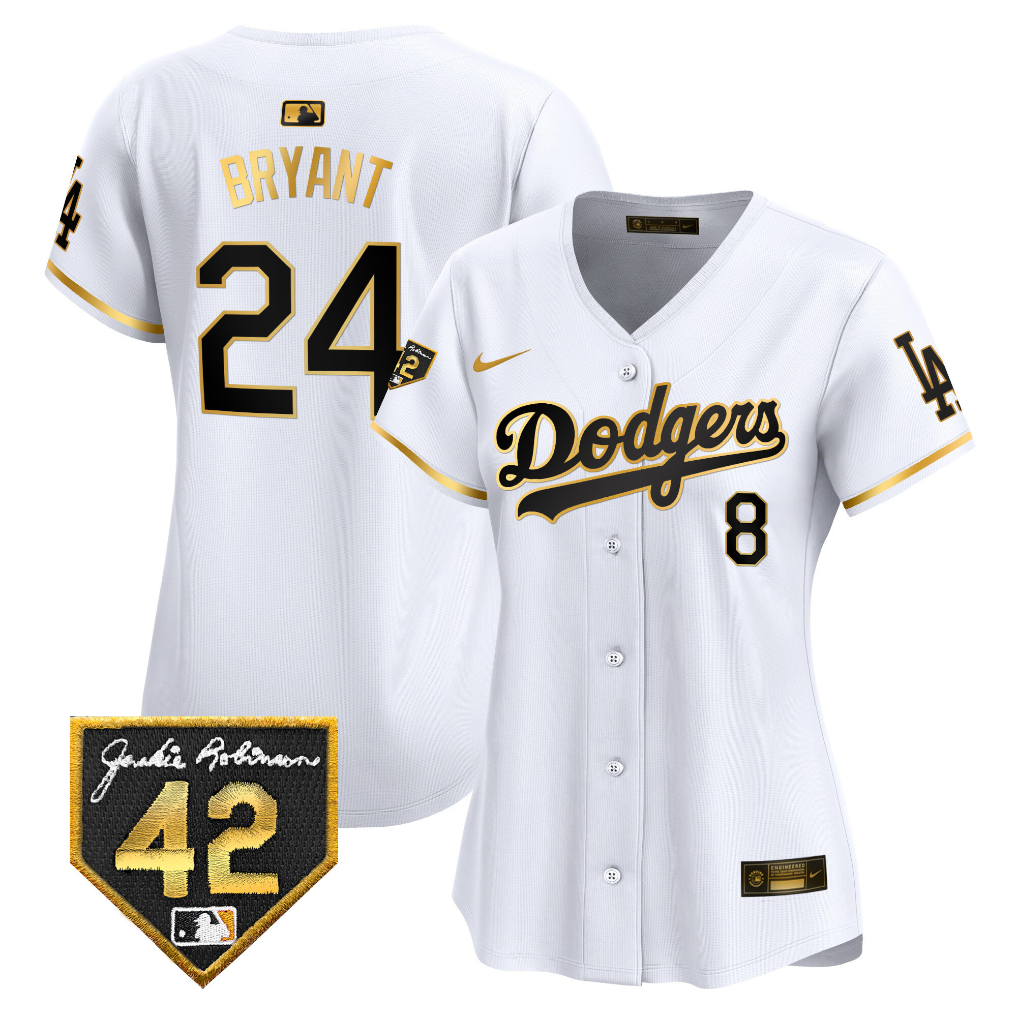 Kobe Bryant Women's Los Angeles Dodgers 2024 Jackie Robinson Patch Vapor Premier Limited White Gold Jersey - All Stitched