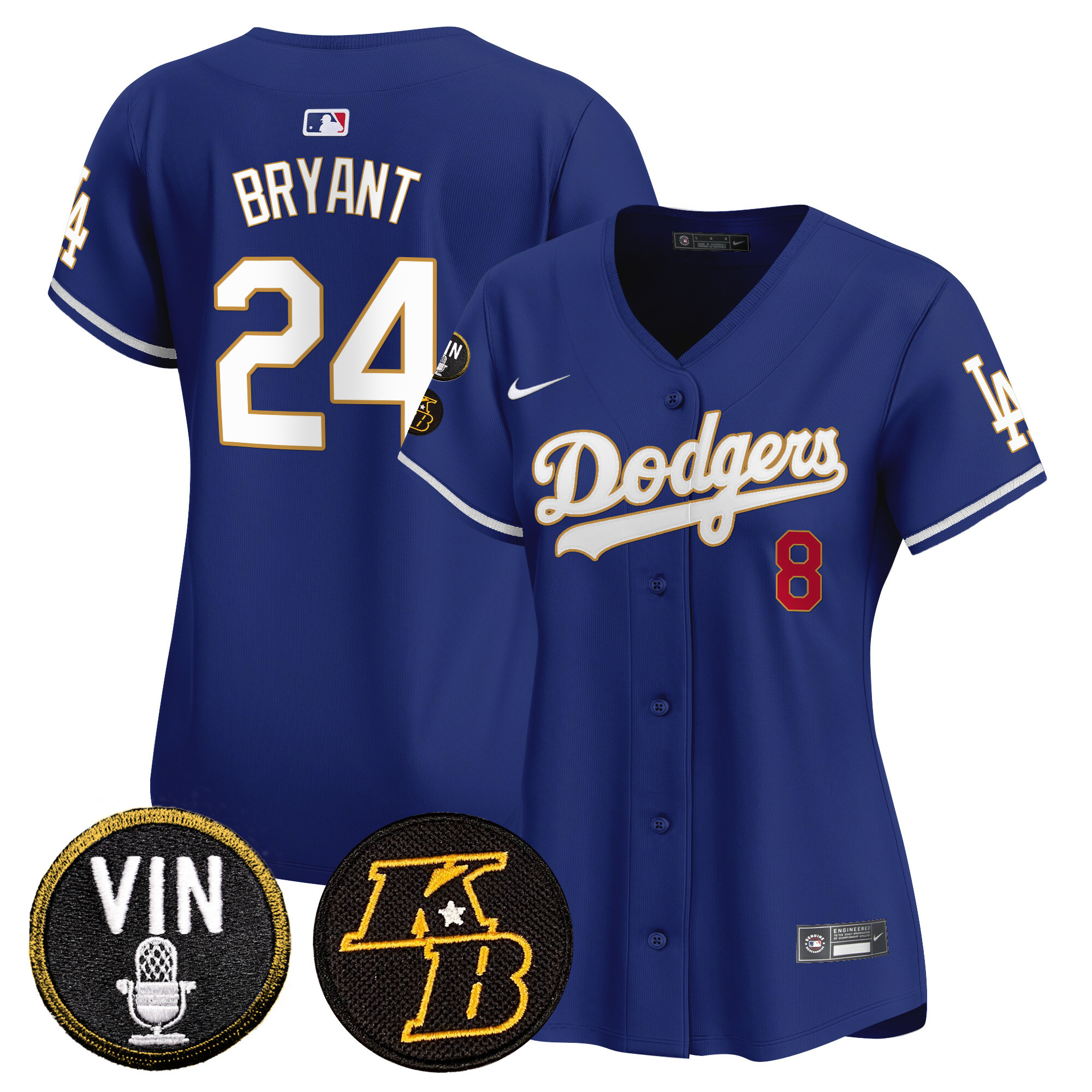Kobe Bryant Women's Los Angeles Dodgers Vin & Kobe Patch Gold Trim Vapor Premier Limited Royal Jersey - All Stitched