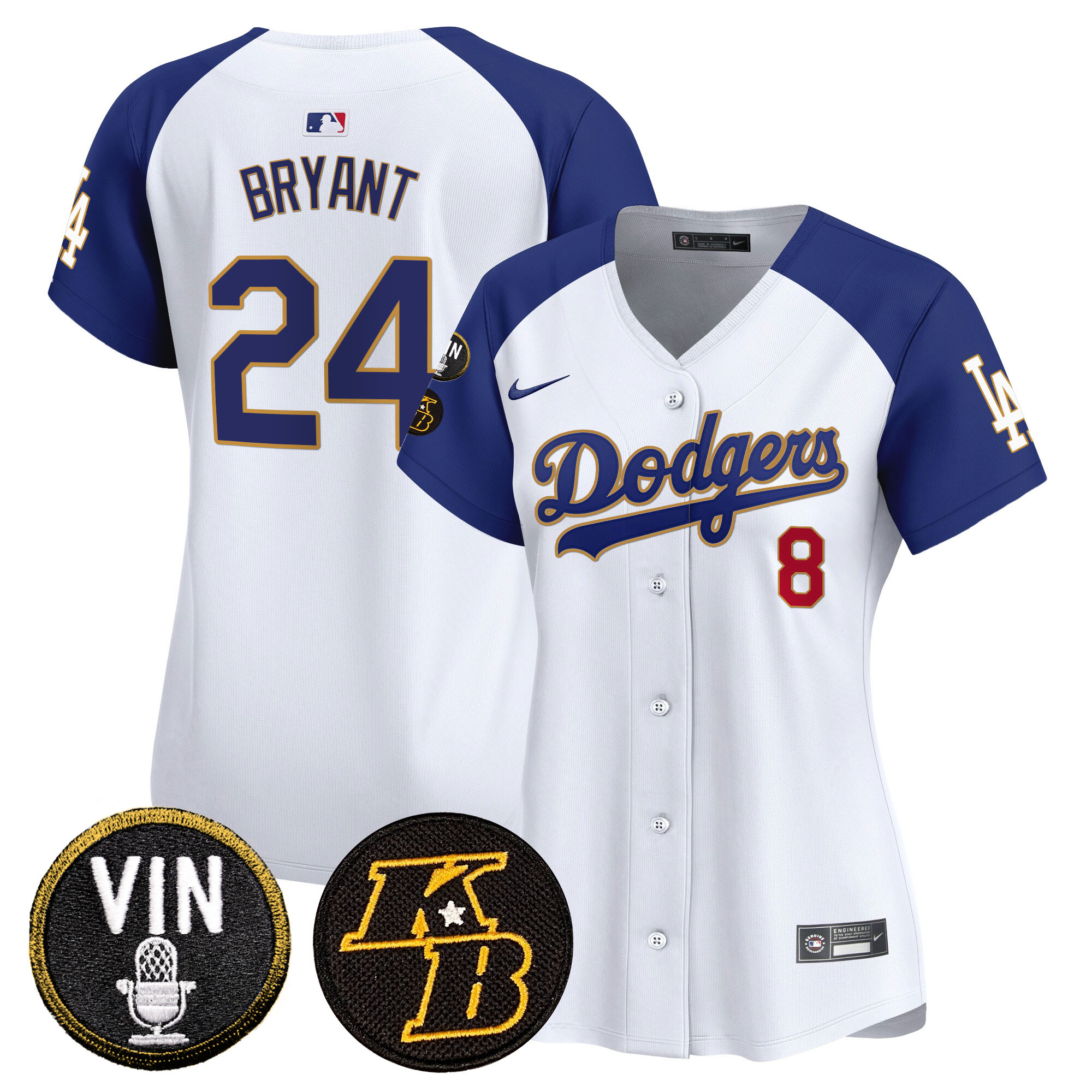 Kobe Bryant Women's Los Angeles Dodgers Vin & Kobe Patch Gold Trim Vapor Premier Limited White Alternate Jersey - All Stitched