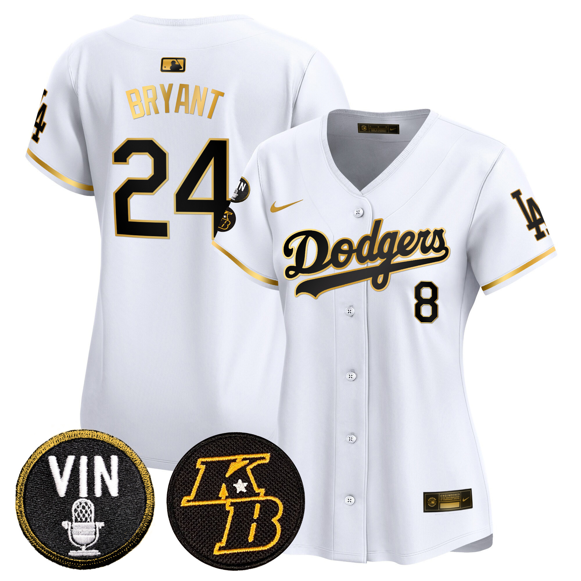 Kobe Bryant Women's Los Angeles Dodgers Vin & Kobe Patch Gold Trim Vapor Premier Limited White Gold Jersey - All Stitched