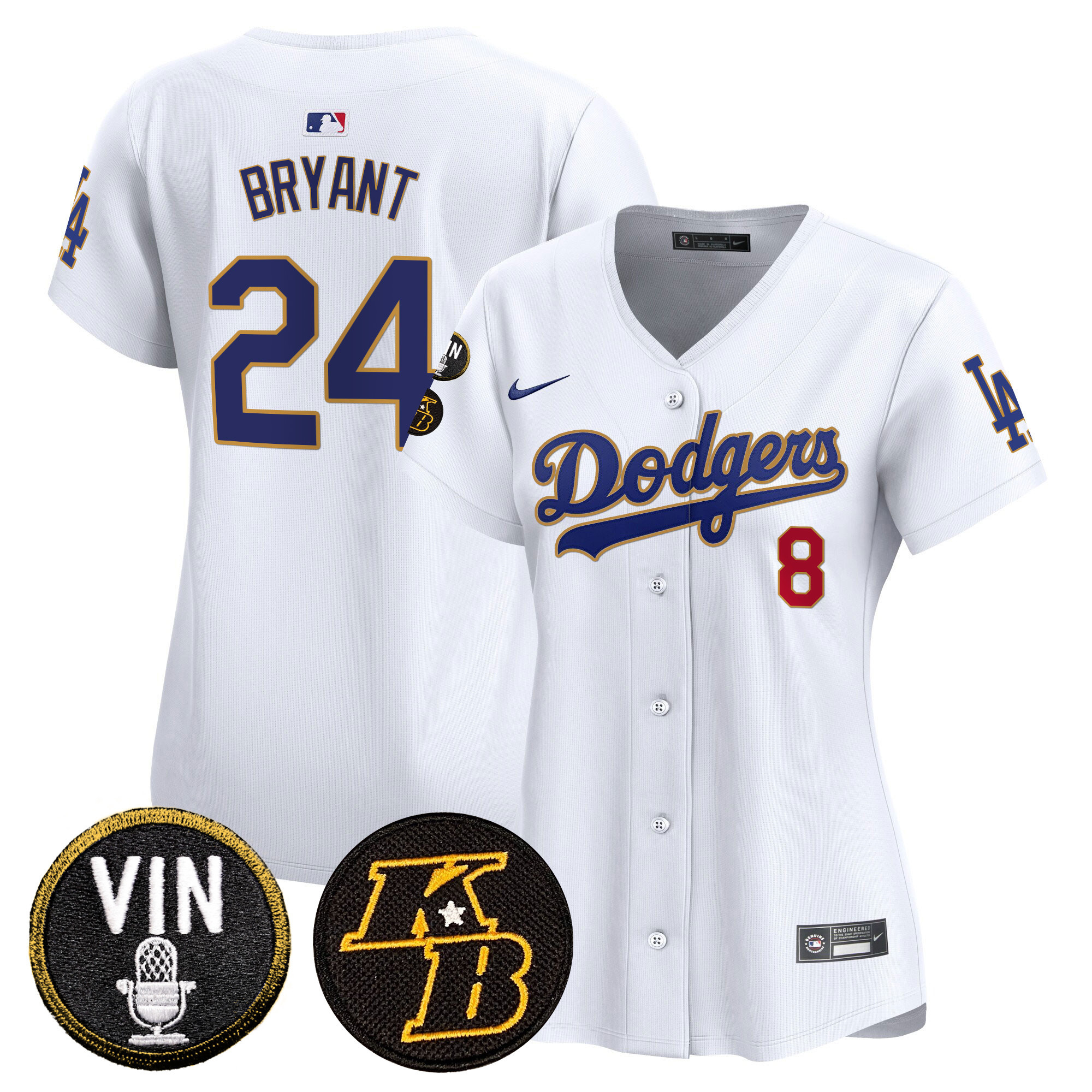 Kobe Bryant Women's Los Angeles Dodgers Vin & Kobe Patch Gold Trim Vapor Premier Limited White Jersey - All Stitched