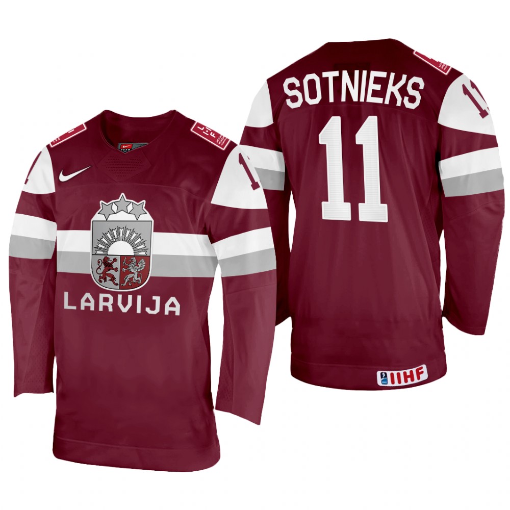 Kristaps Sotnieks Latvia Maroon Away Jersey 2022 IIHF World Championship