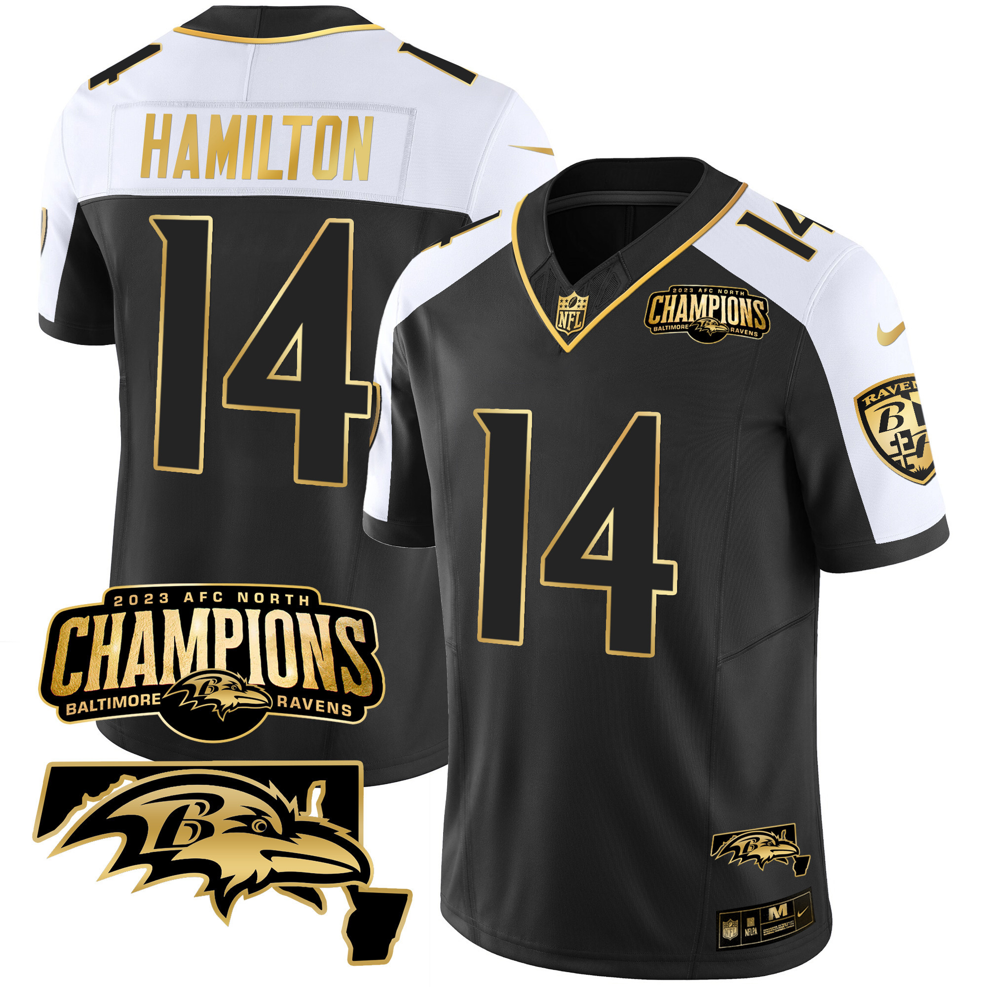 Kyle Hamilton Men's Baltimore Ravens 2023 Afc North Champions Maryland Patch Gold Vapor Alternate Jersey All Stitched