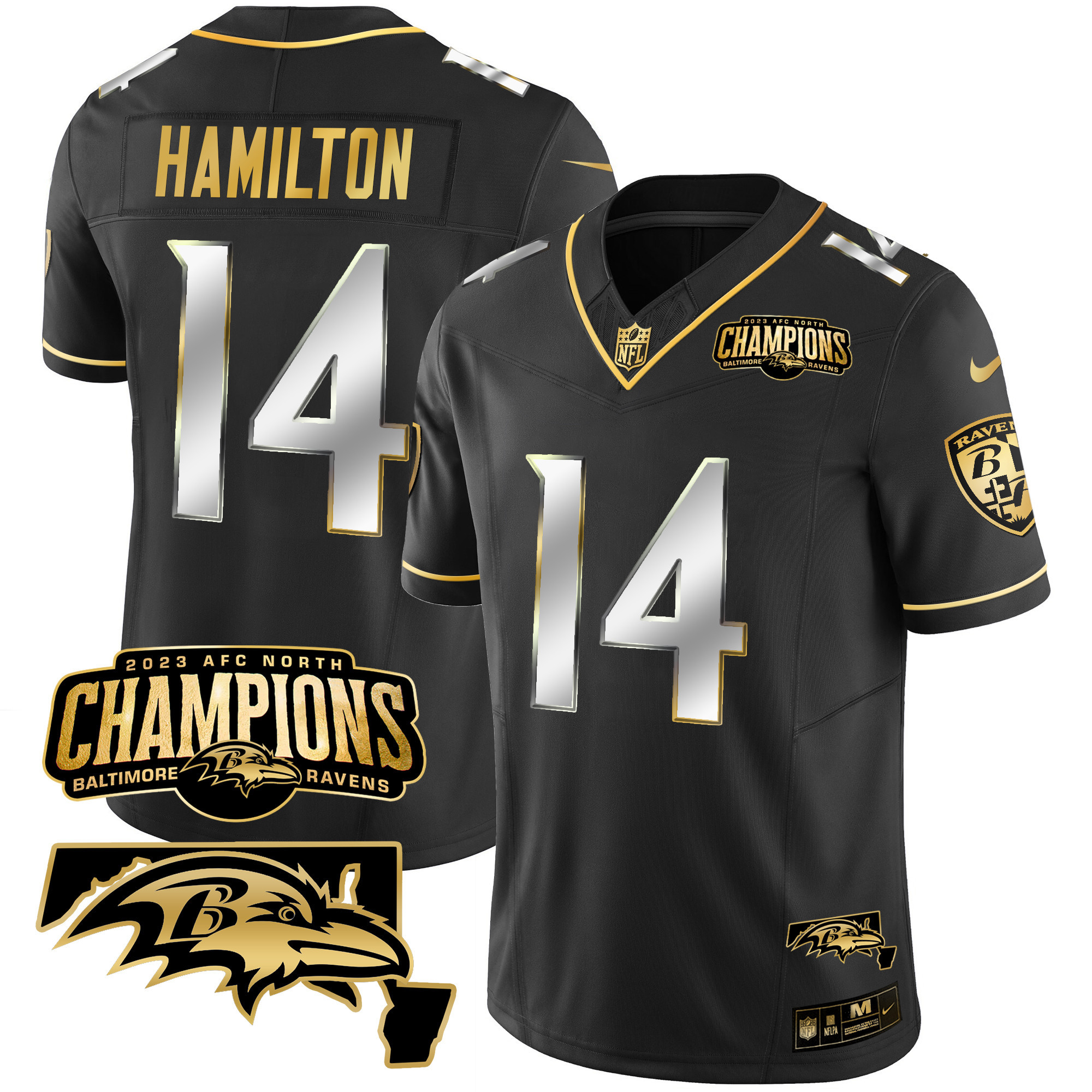 Kyle Hamilton Men's Baltimore Ravens 2023 Afc North Champions Maryland Patch Gold Vapor Black Limited Jersey All Stitched