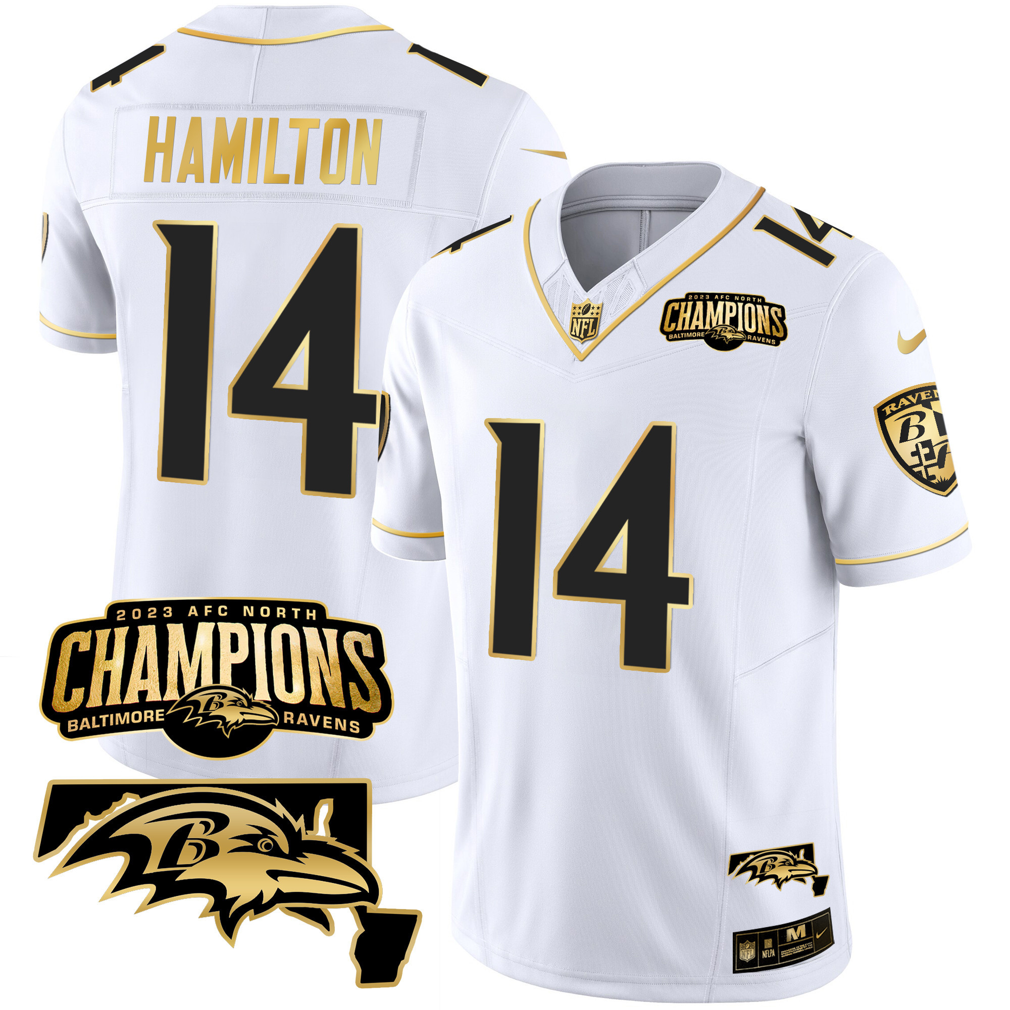 Kyle Hamilton Men's Baltimore Ravens 2023 Afc North Champions Maryland Patch Gold Vapor White Gold Jersey All Stitched