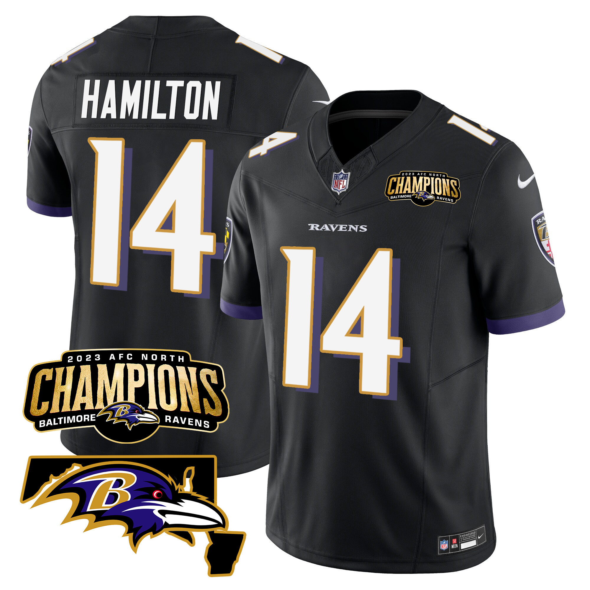Kyle Hamilton Men's Baltimore Ravens 2023 Afc North Champions Maryland Patch Vapor Black Jersey All Stitched
