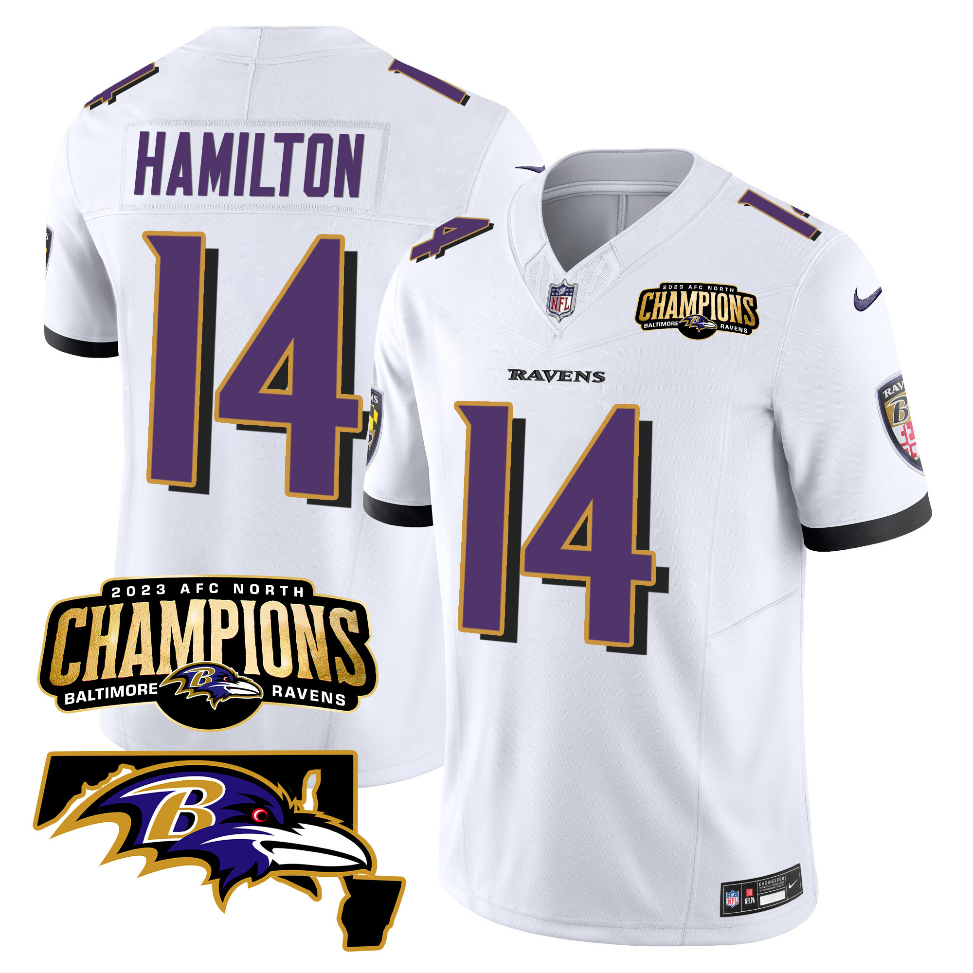 Kyle Hamilton Men's Baltimore Ravens 2023 Afc North Champions Maryland Patch Vapor White Jersey All Stitched