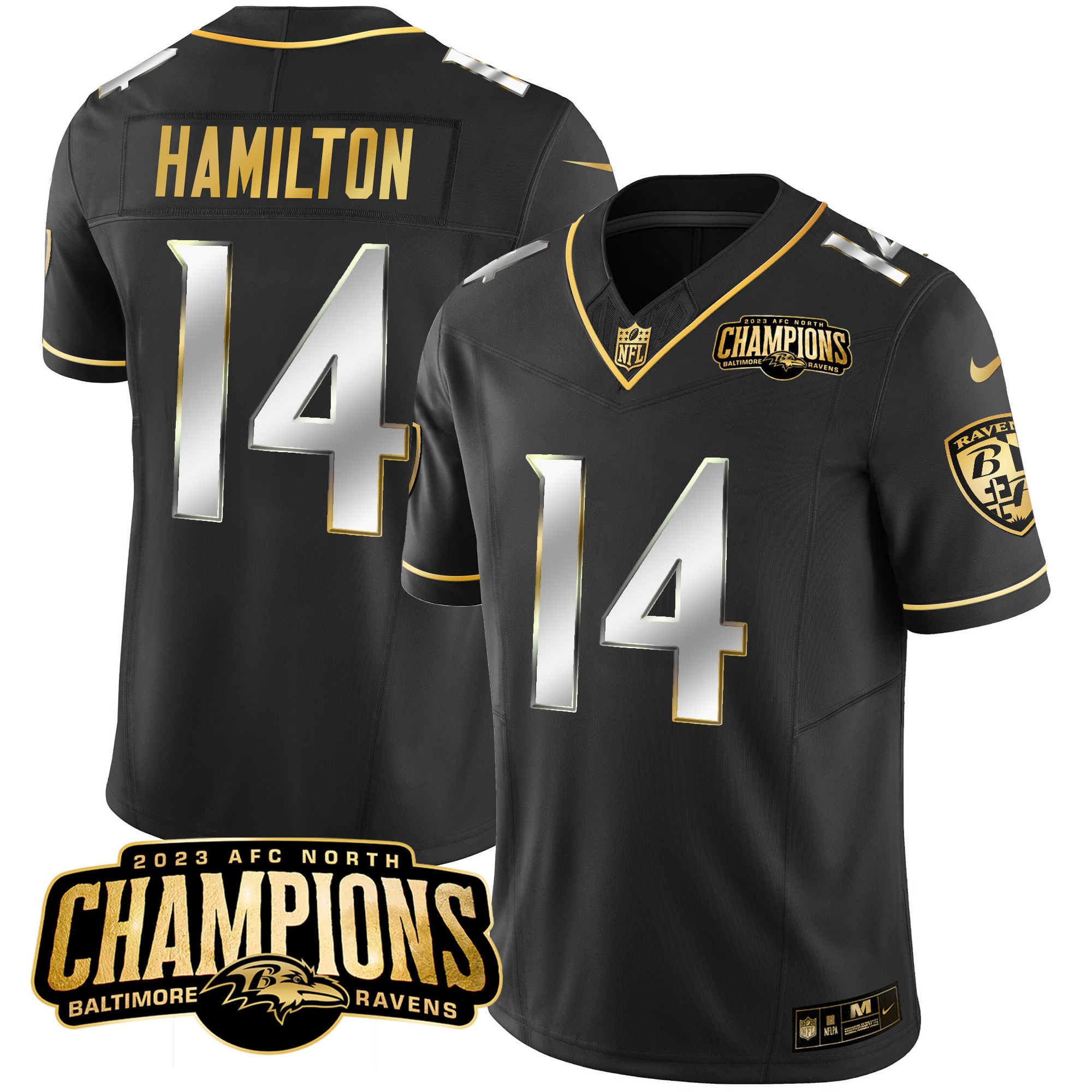 Kyle Hamilton Men's Baltimore Ravens 2023 Afc North Champions Patch Gold Vapor Black Limited Jersey All Stitched