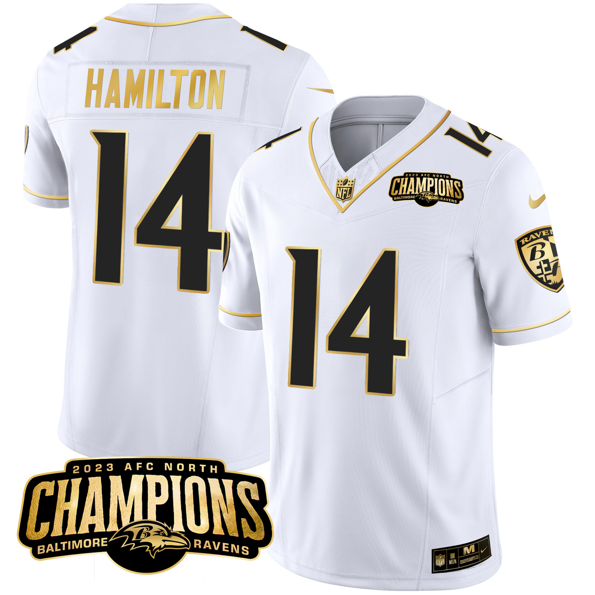 Kyle Hamilton Men's Baltimore Ravens 2023 Afc North Champions Patch Gold Vapor White Gold Jersey All Stitched