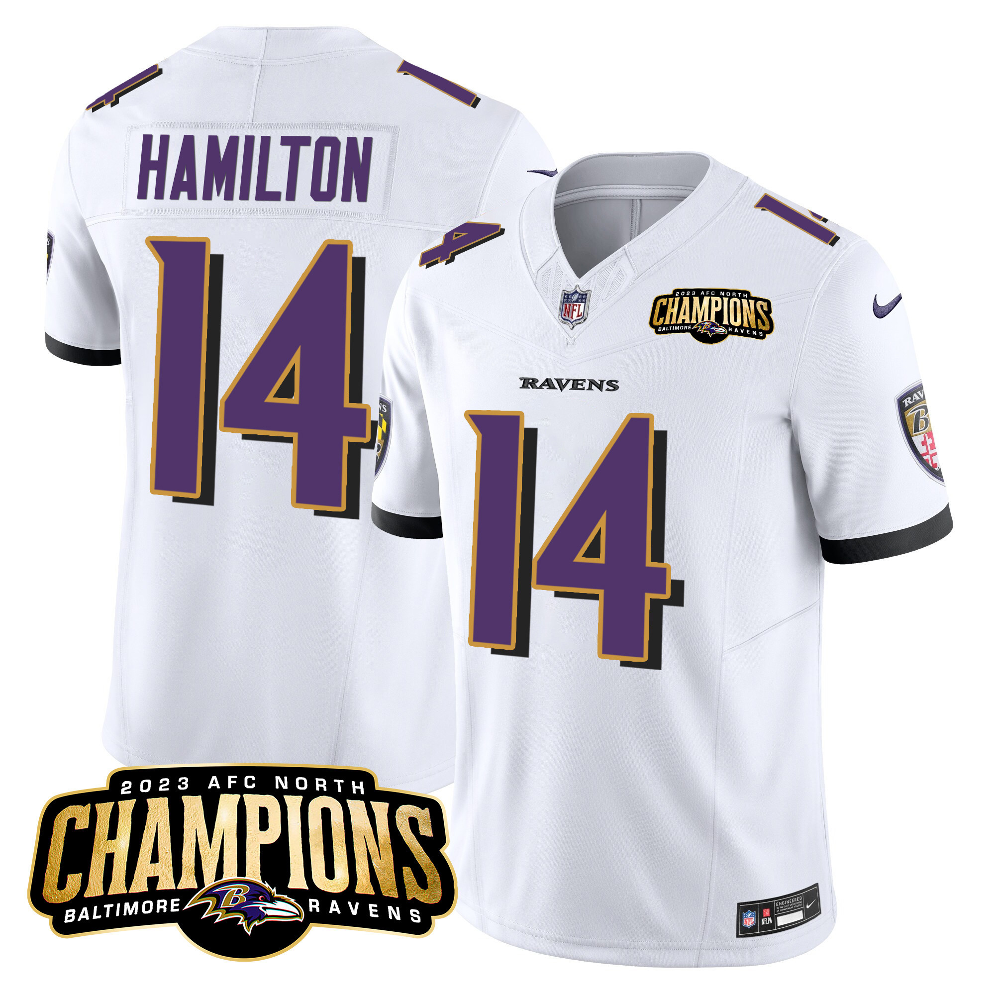 Kyle Hamilton Men's Baltimore Ravens 2023 Afc North Champions Patch Vapor Limited White Jersey All Stitched