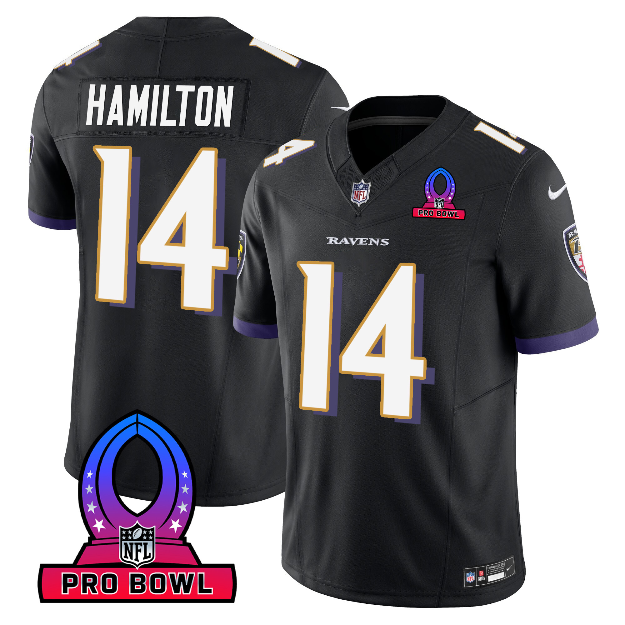 Kyle Hamilton Men's Baltimore Ravens 2024 Pro Bowl Patch Vapor Black Jersey All Stitched