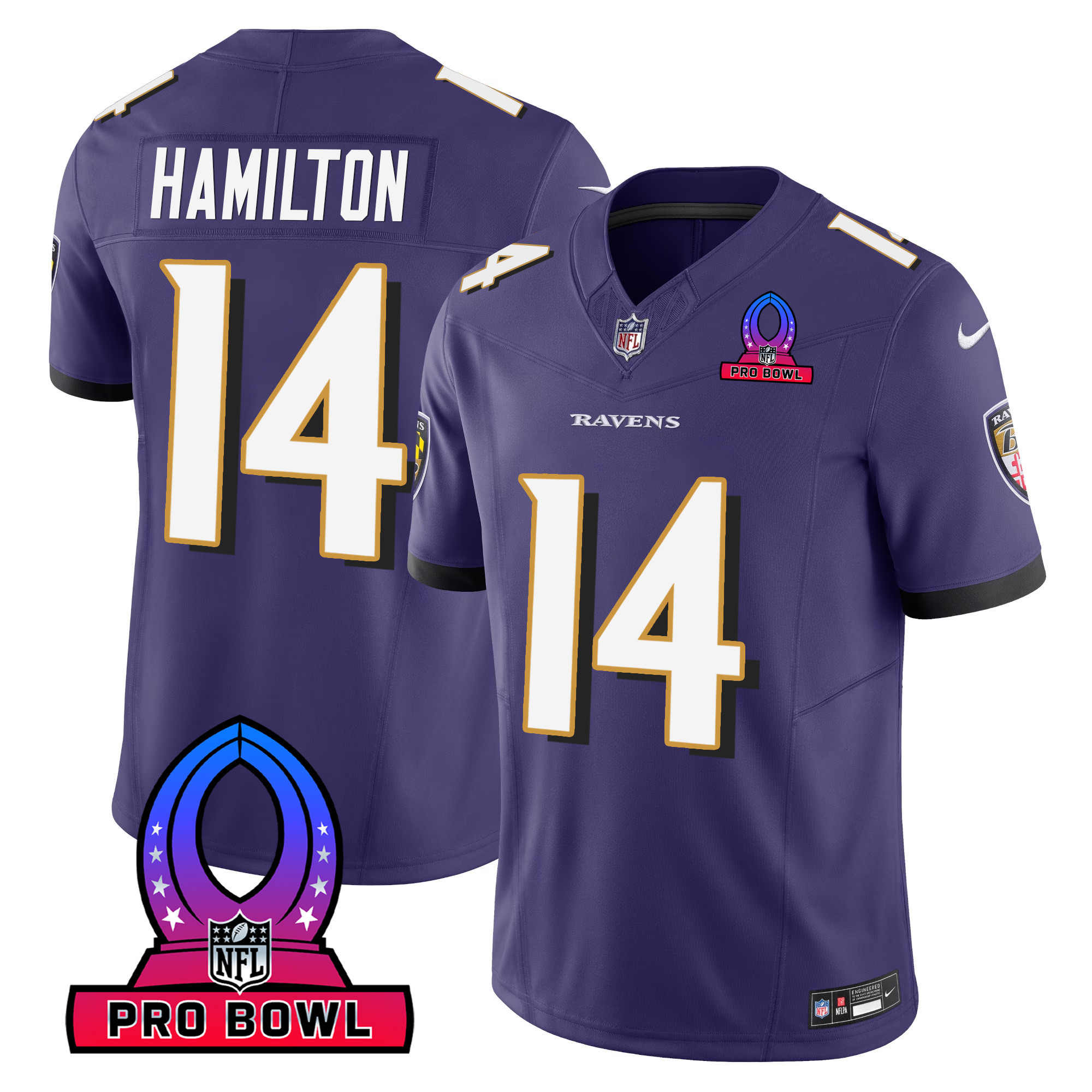 Kyle Hamilton Men's Baltimore Ravens 2024 Pro Bowl Patch Vapor Purple Jersey All Stitched